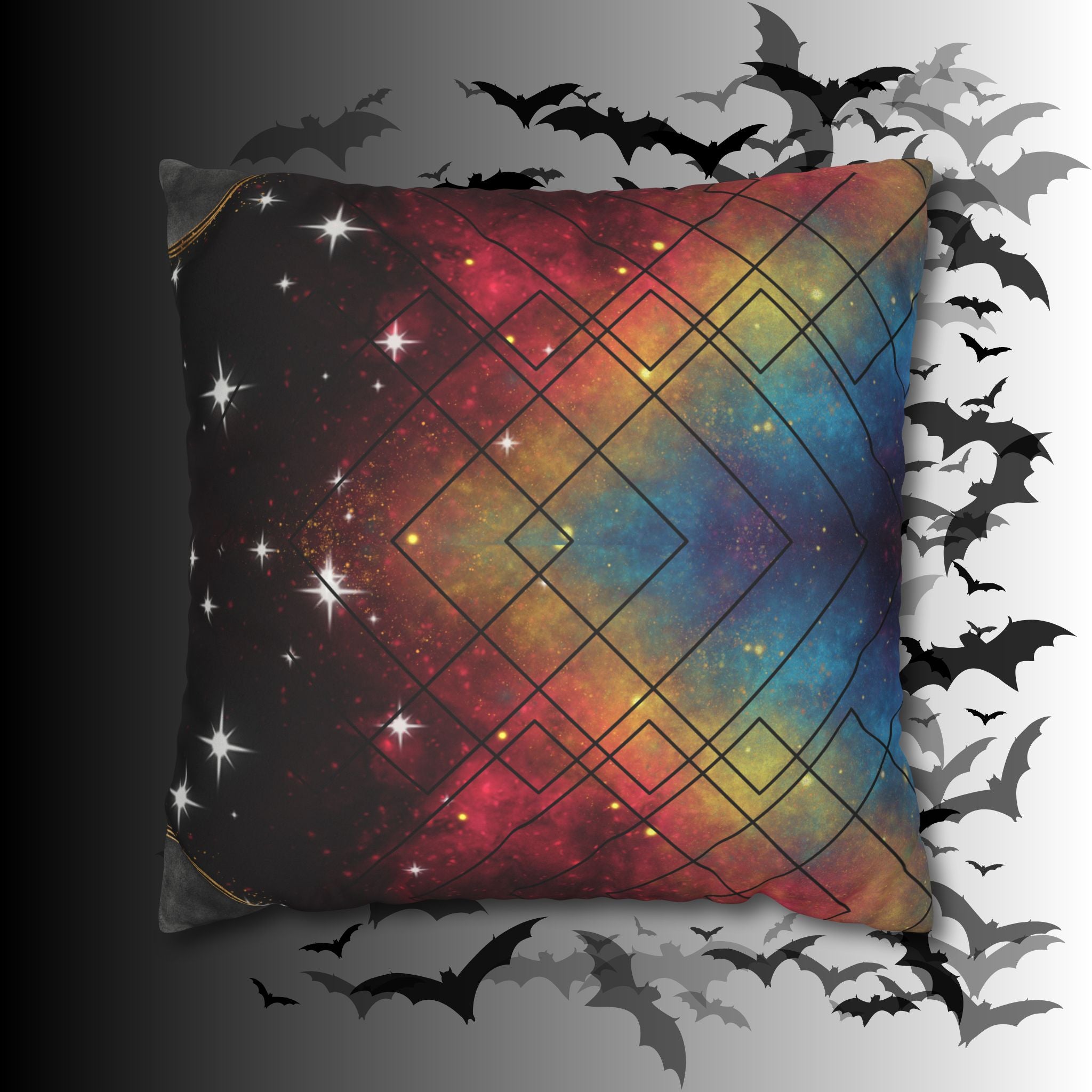 Rainbow Galaxy Geometric Throw Pillow — Celestial Cosmic Dark Home Decor
