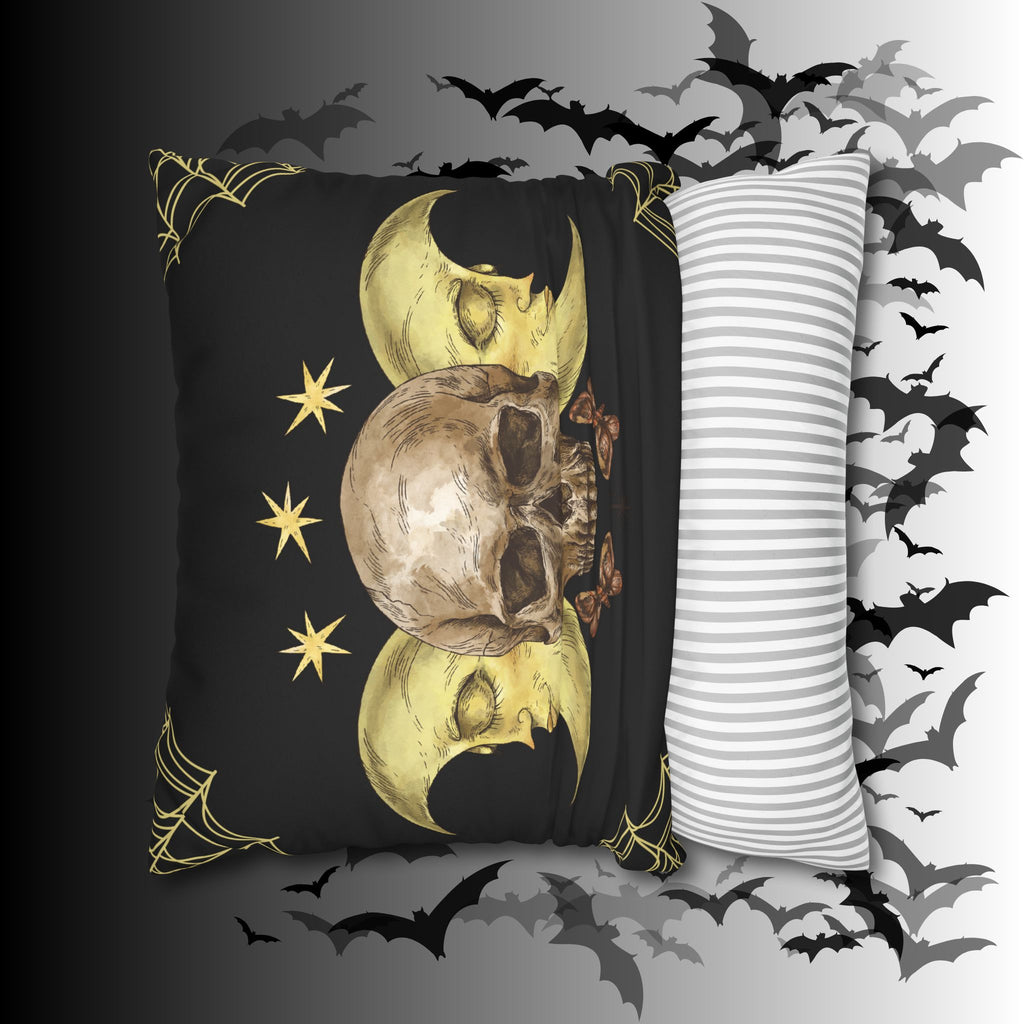 Gothic Moon Skull Throw Pillow — Celestial Dark Home Decor