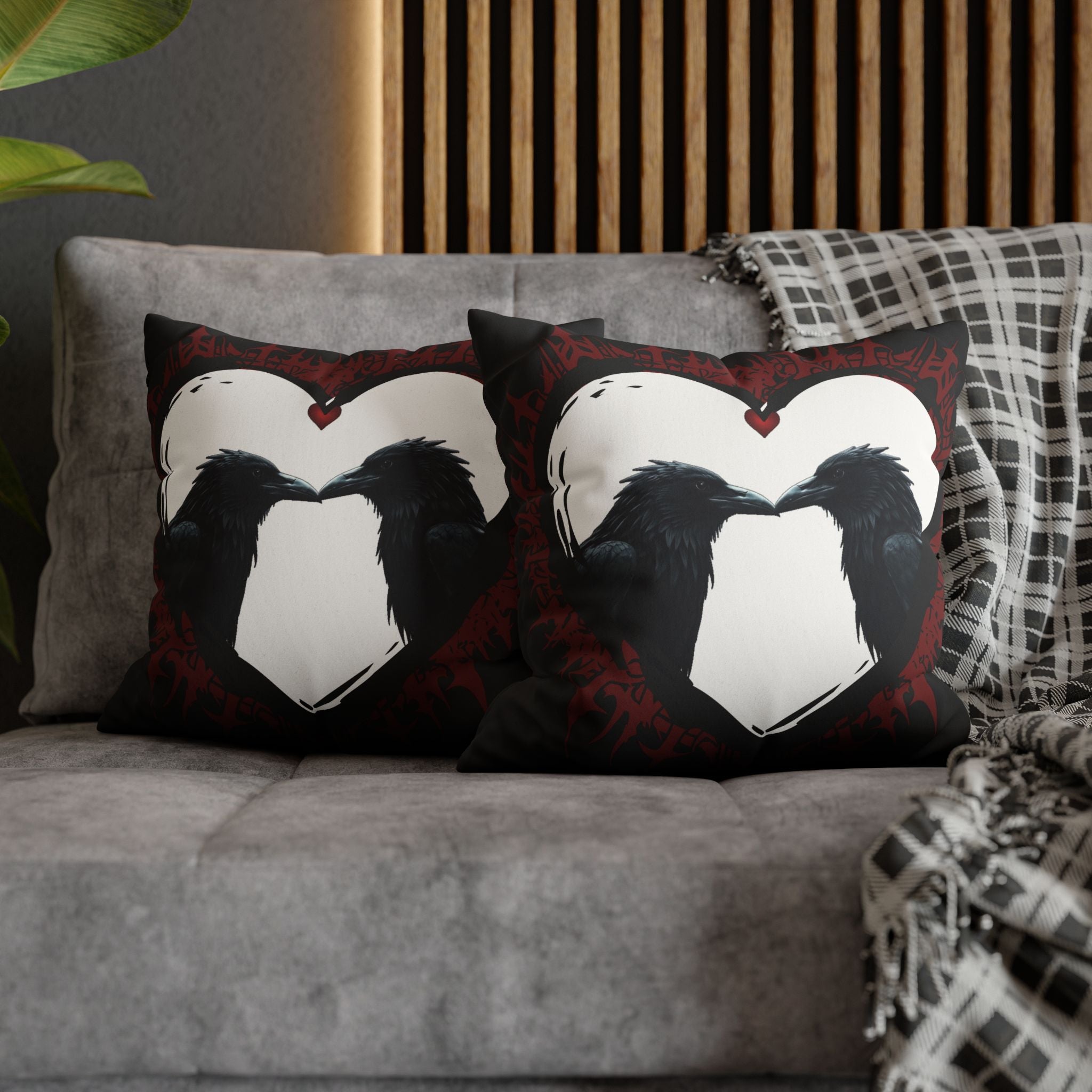 Gothic Ravens Love Heart Throw Pillow — Dark Valentine Gothic Home Decor