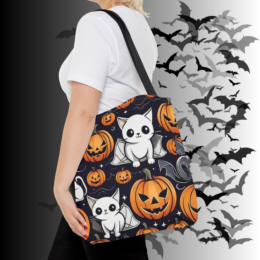 Kawaii Bat Cat Halloween Tote Bag — Spooky Pumpkin Pattern
