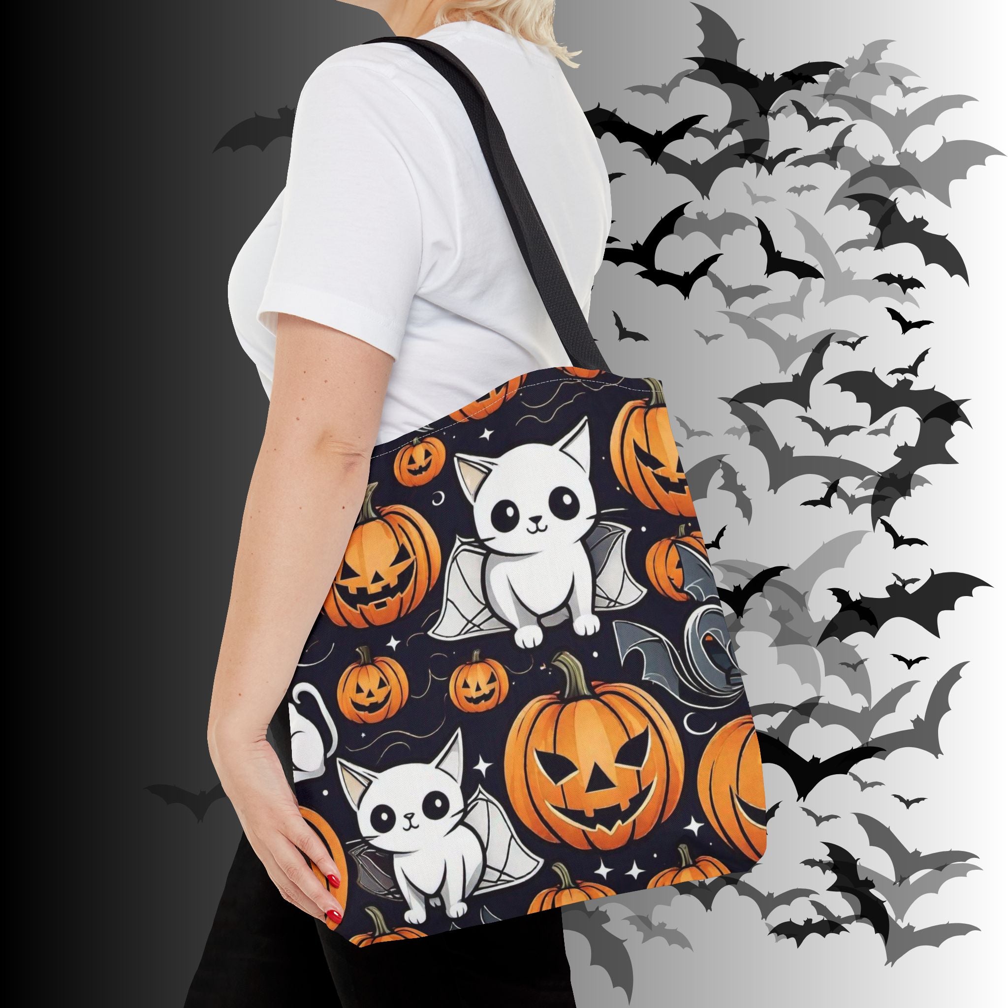 Kawaii Bat Cat Halloween Tote Bag — Spooky Pumpkin Pattern