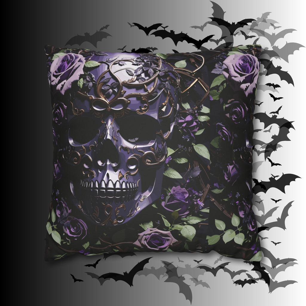 Gothic Black Purple Skull Throw Pillow — Dark Floral Botanical Home Decor