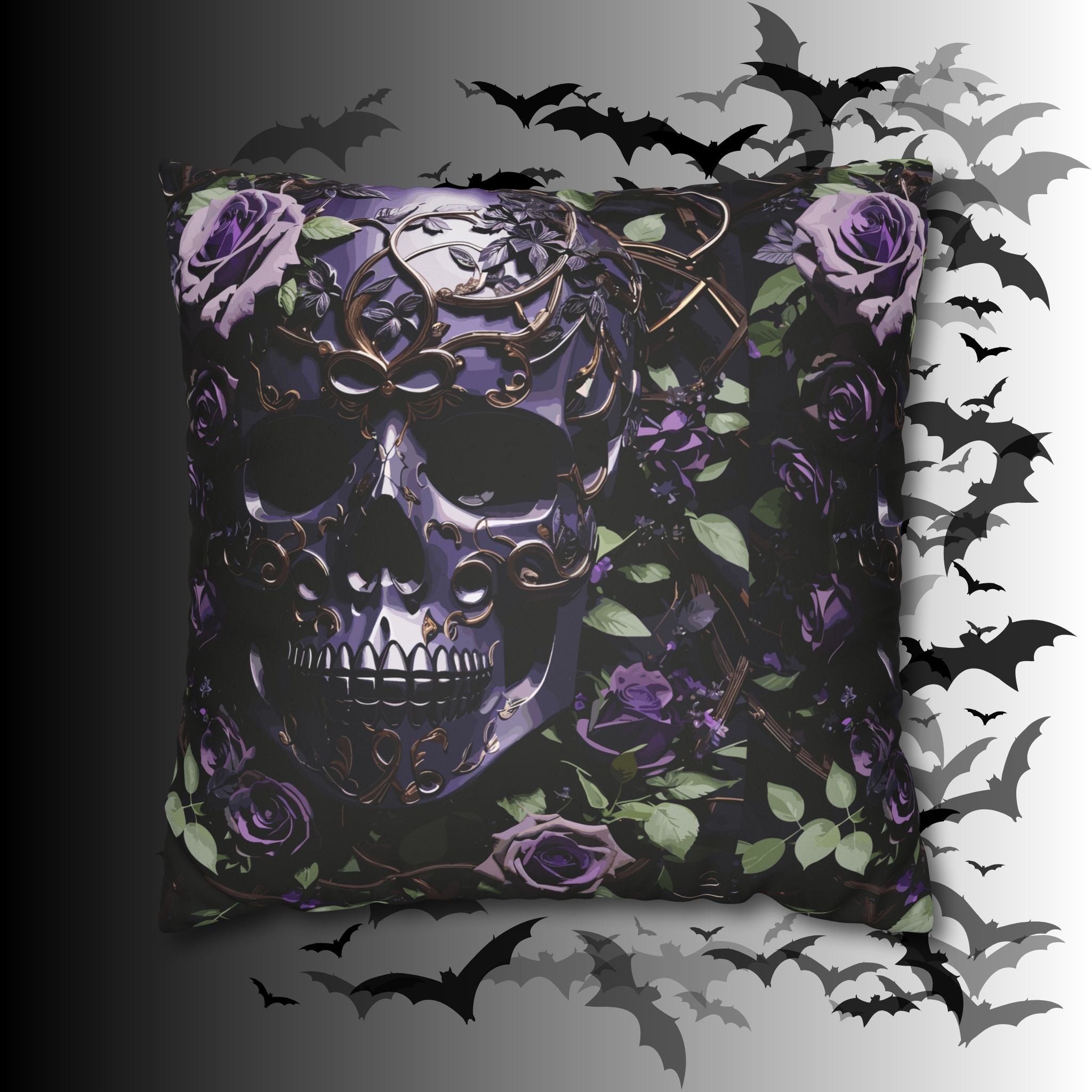 Gothic Black Purple Skull Throw Pillow — Dark Floral Botanical Home Decor