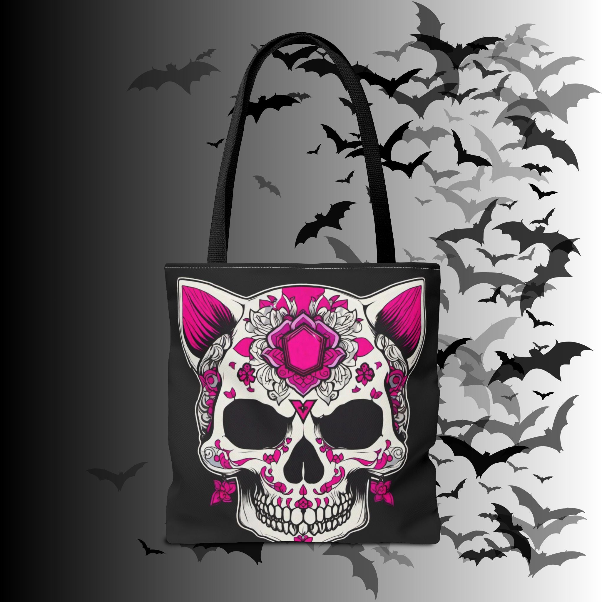 Pink Sugar Skull Cat Tote Bag — Day of the Dead Floral Design
