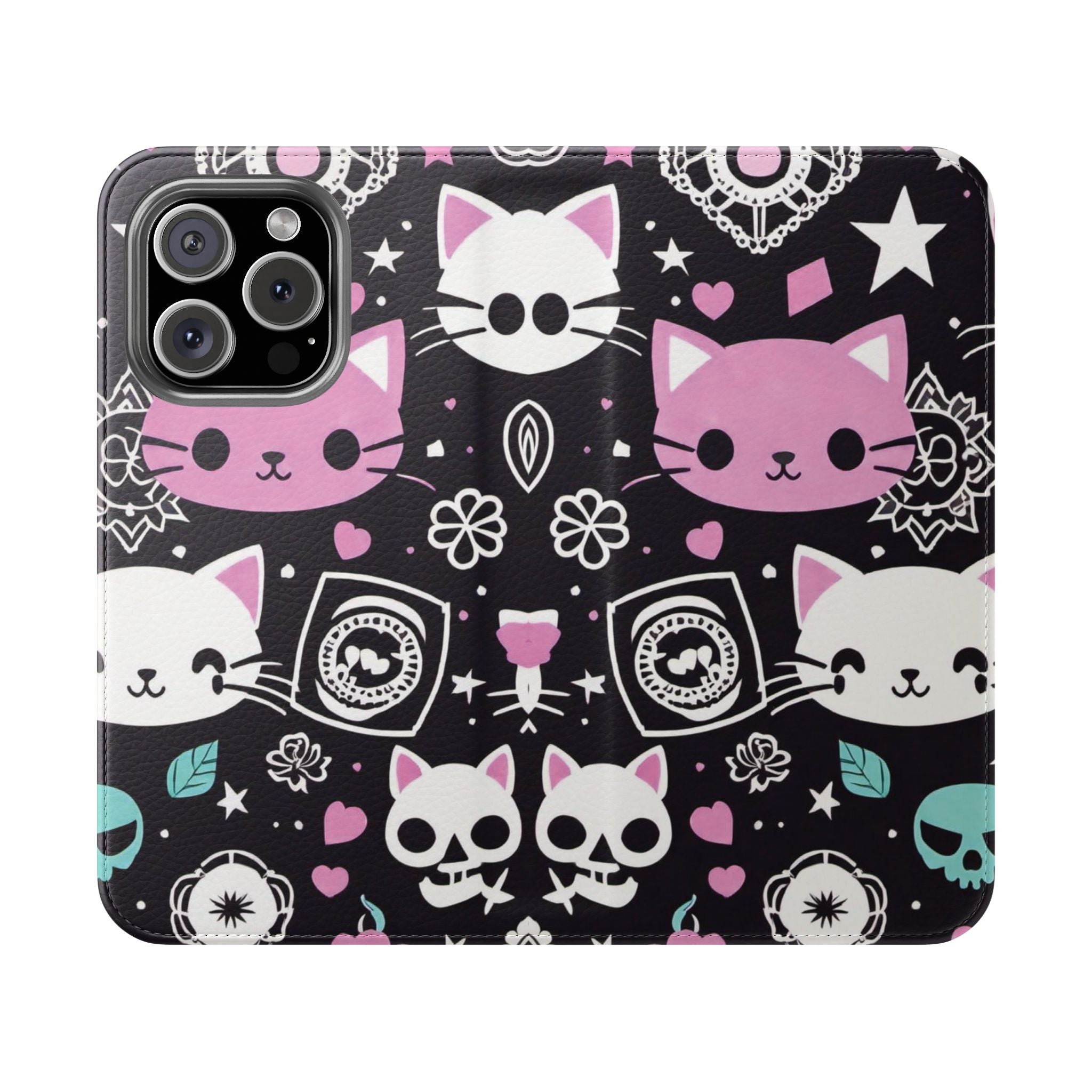 Pastel Goth Cat Flip Wallet Phone Case - Goth Cat Wallet Case for Samsung iPhone - Gothic Style Cats Wallet Phone Cases
