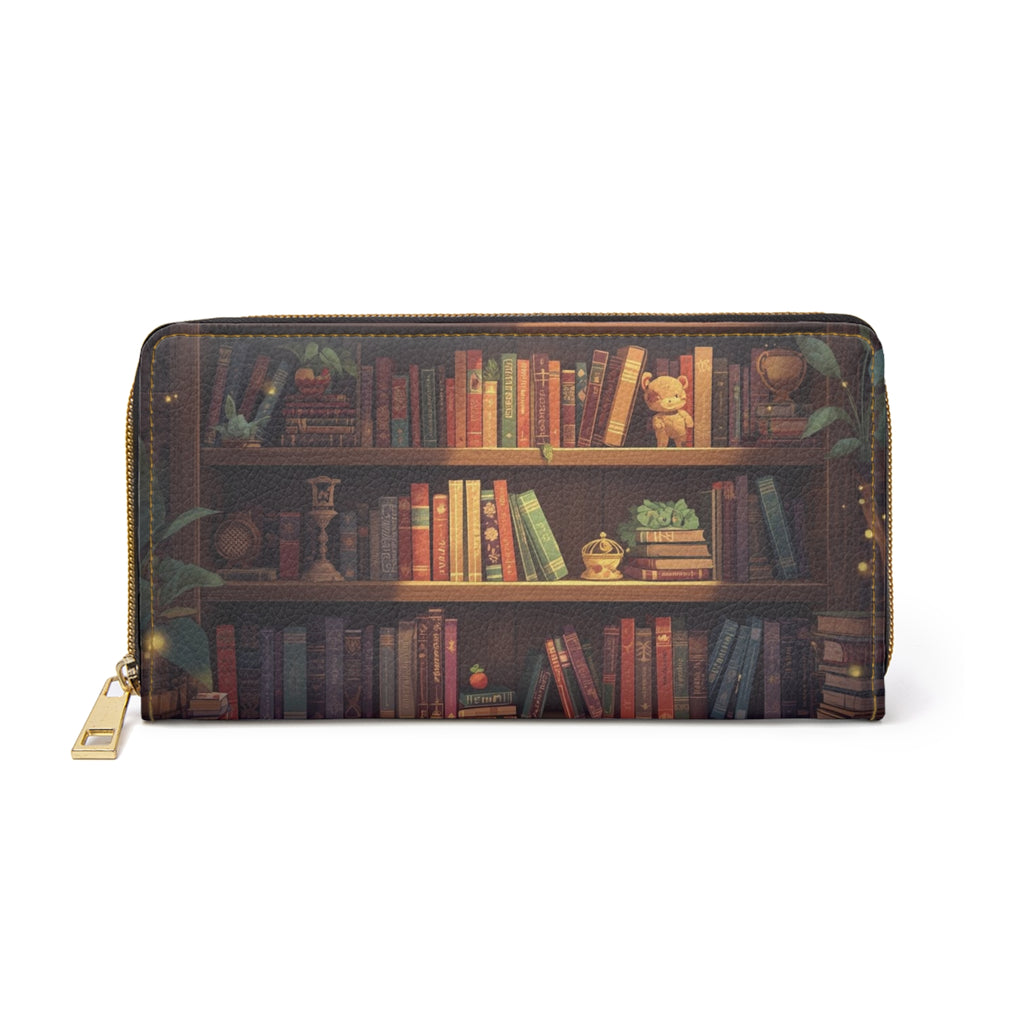 Whimsical Bookcase Wallet | Book Lover Dark Academia Faux Leather Zipper Clutch