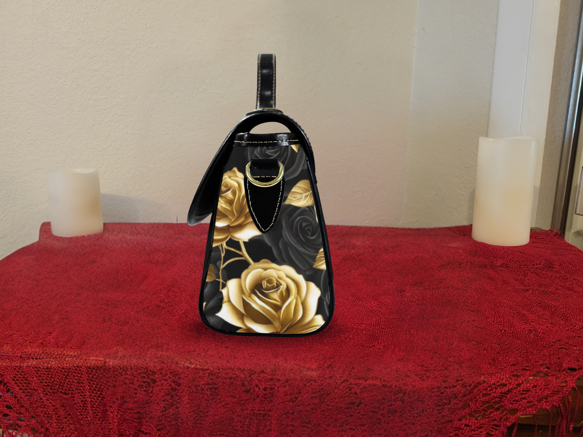 Gold and Black Rose Crossbody Satchel Bag — Waterproof Canvas Shoulder Bag