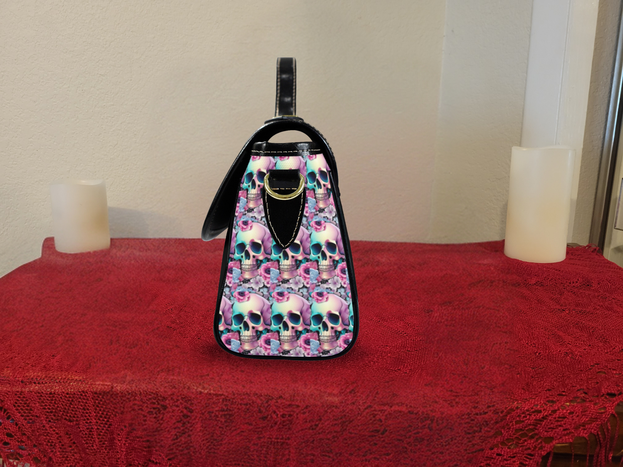 Pastel Goth Skull Floral Crossbody Satchel Bag — Waterproof Canvas Shoulder Bag