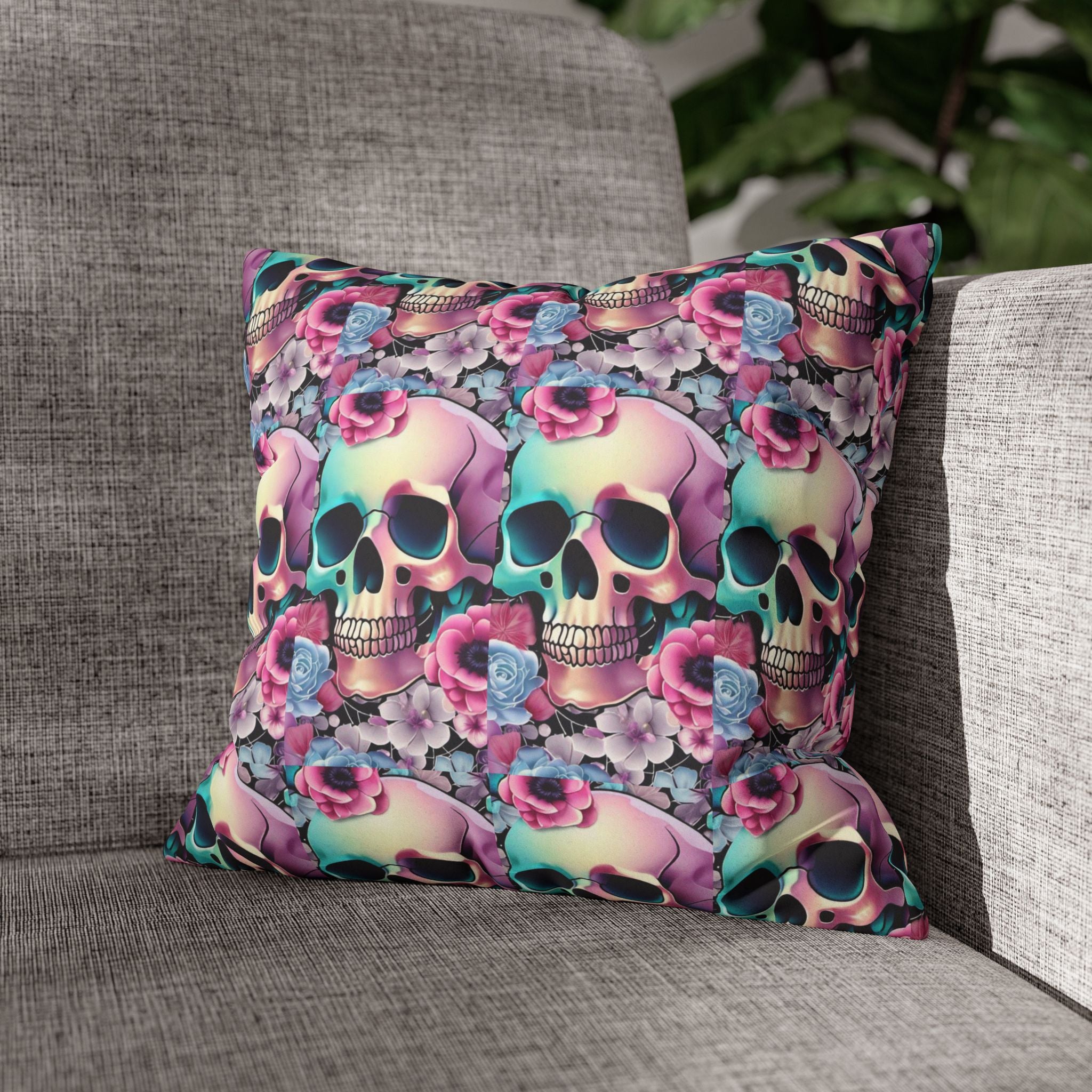 Pastel Goth Floral Skull Throw Pillow — Dark Floral Emo Home Decor