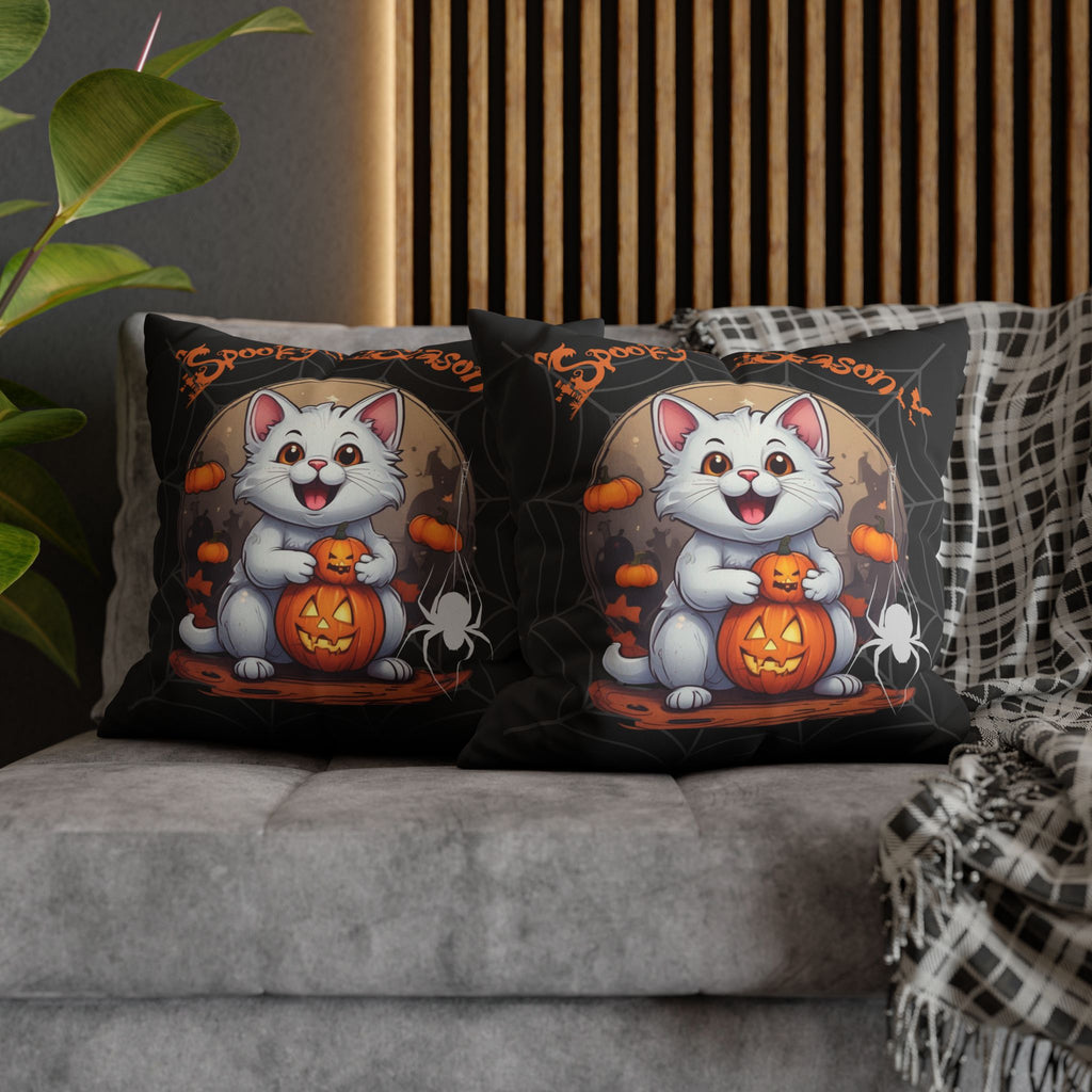 Two square throw pillows on a grey sofa featuring a grinning white cat clutching a glowing jack-o'-lantern beneath a full moon with floating mini pumpkins, a dangling white spider, and Spooky Season orange script over a grey cobweb black background