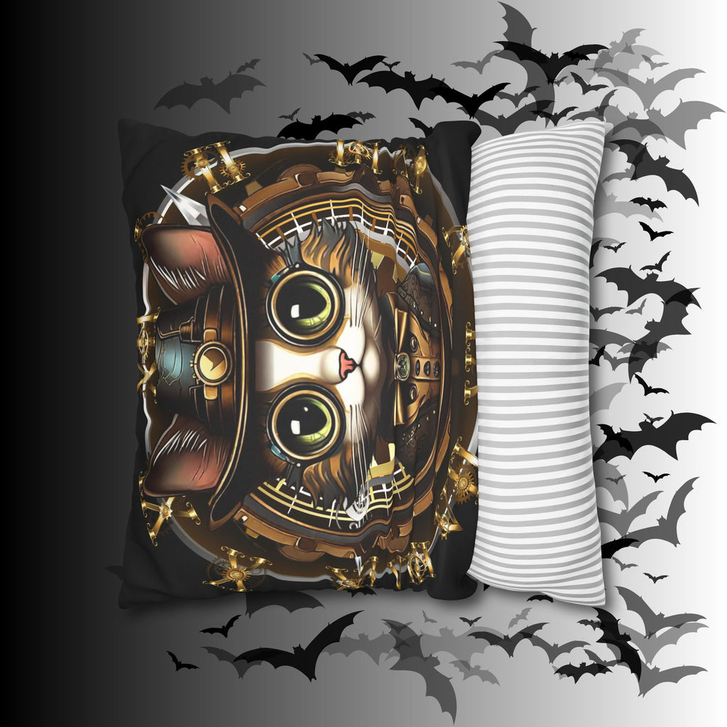 Steampunk Cat Throw Pillow — Vintage Industrial Gothic Home Decor