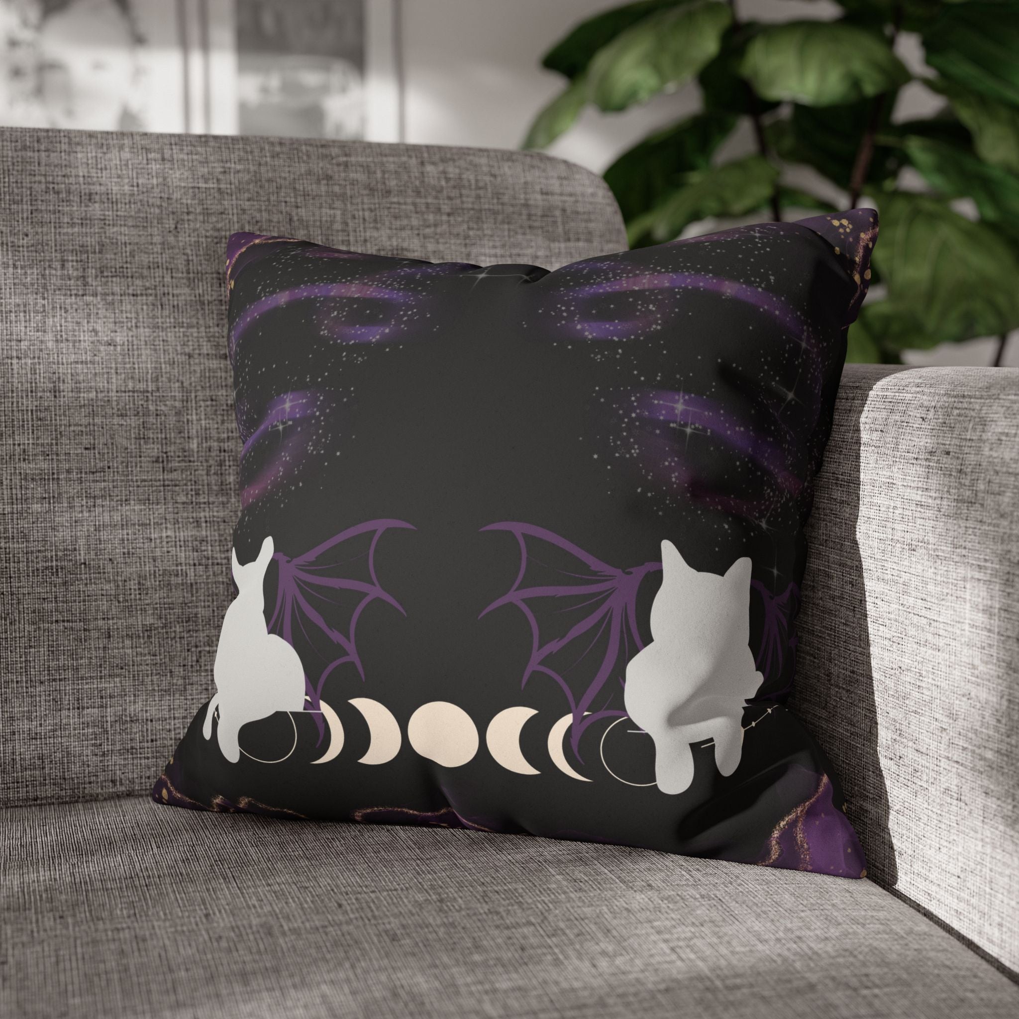 Gothic Bat Wing Cat Moon Phases Throw Pillow — Purple Celestial Dark Home Decor