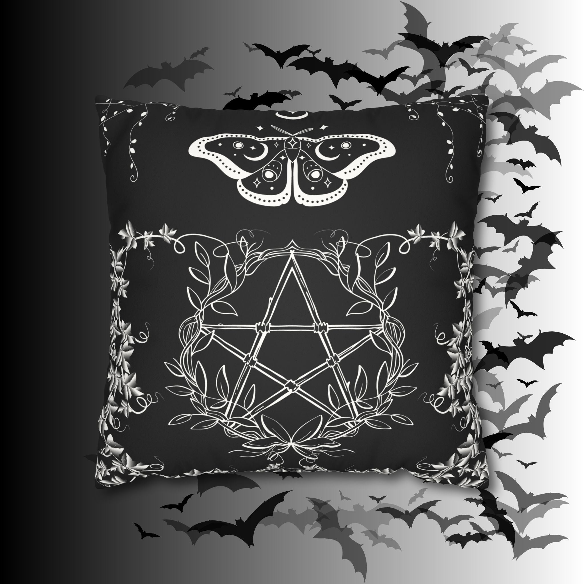 Witchy Moth Pentagram Throw Pillow — Botanical Gothic Dark Home Decor