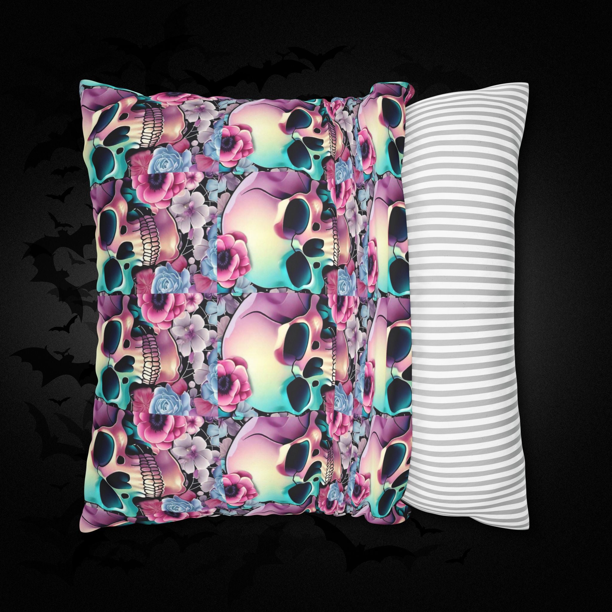 Pastel Goth Floral Skull Throw Pillow — Dark Floral Emo Home Decor