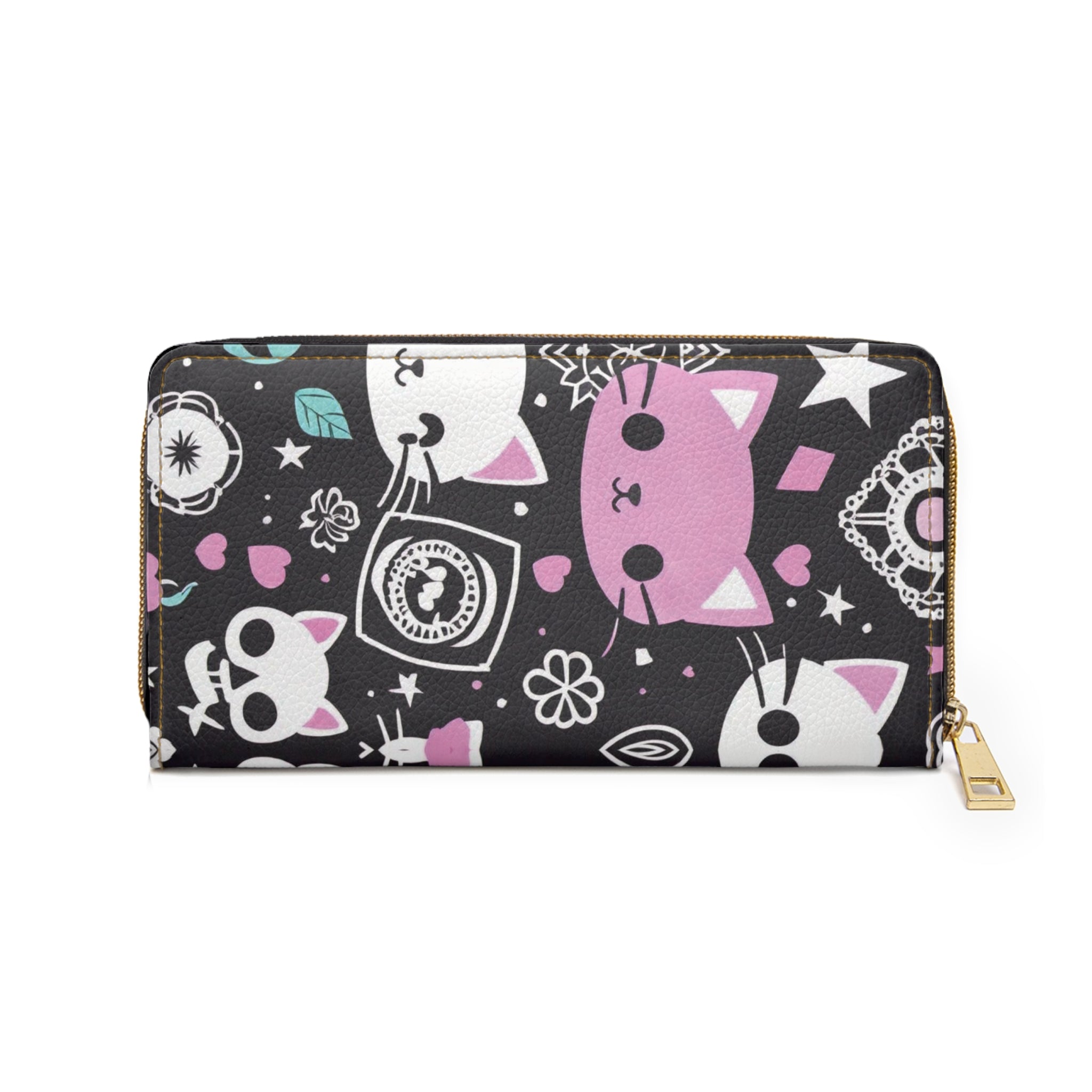 Pastel Goth Kawaii Cat Wallet | Pink & Black Faux Leather Zipper Clutch