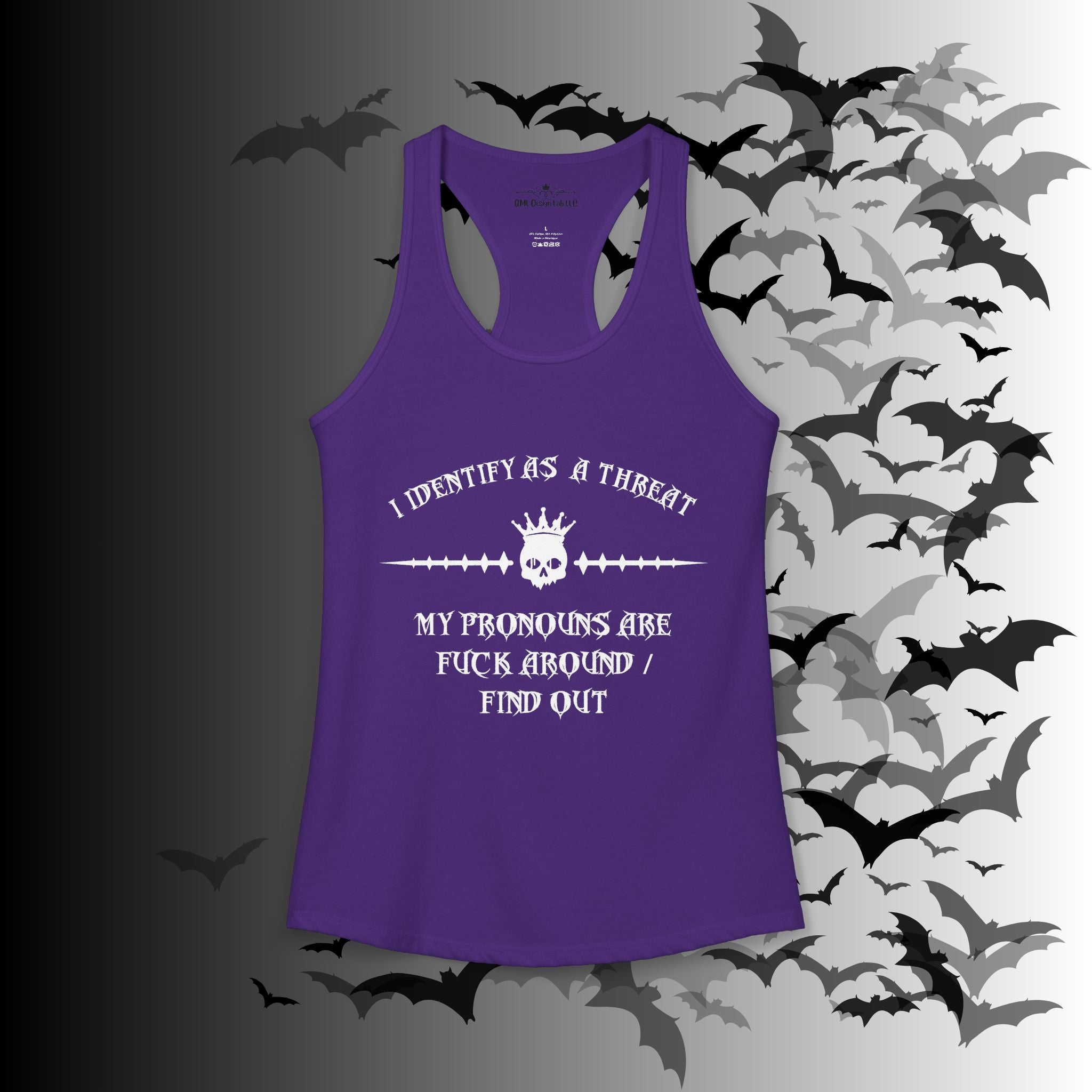"FAFO" I Identify As A Threat Racerback Tank Top — White Print Front & Back