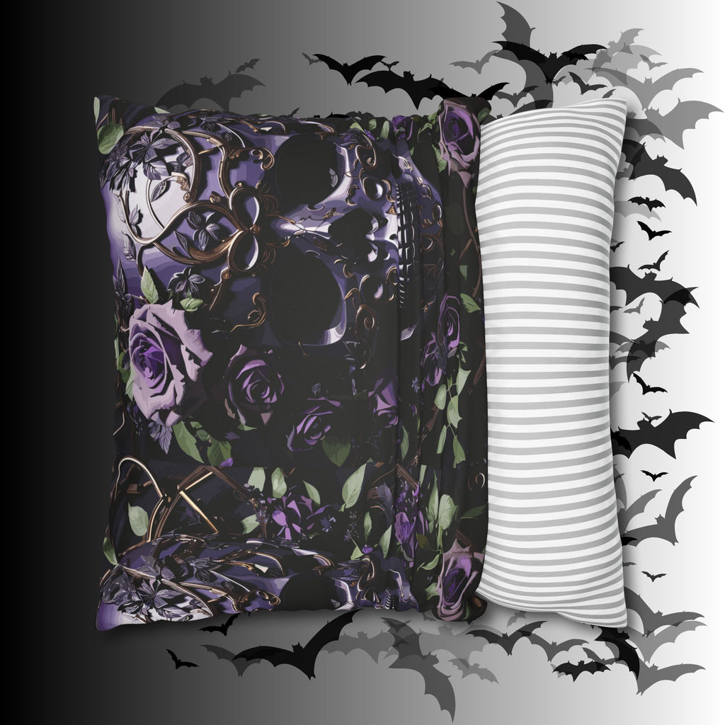 Gothic Black Purple Skull Throw Pillow — Dark Floral Botanical Home Decor