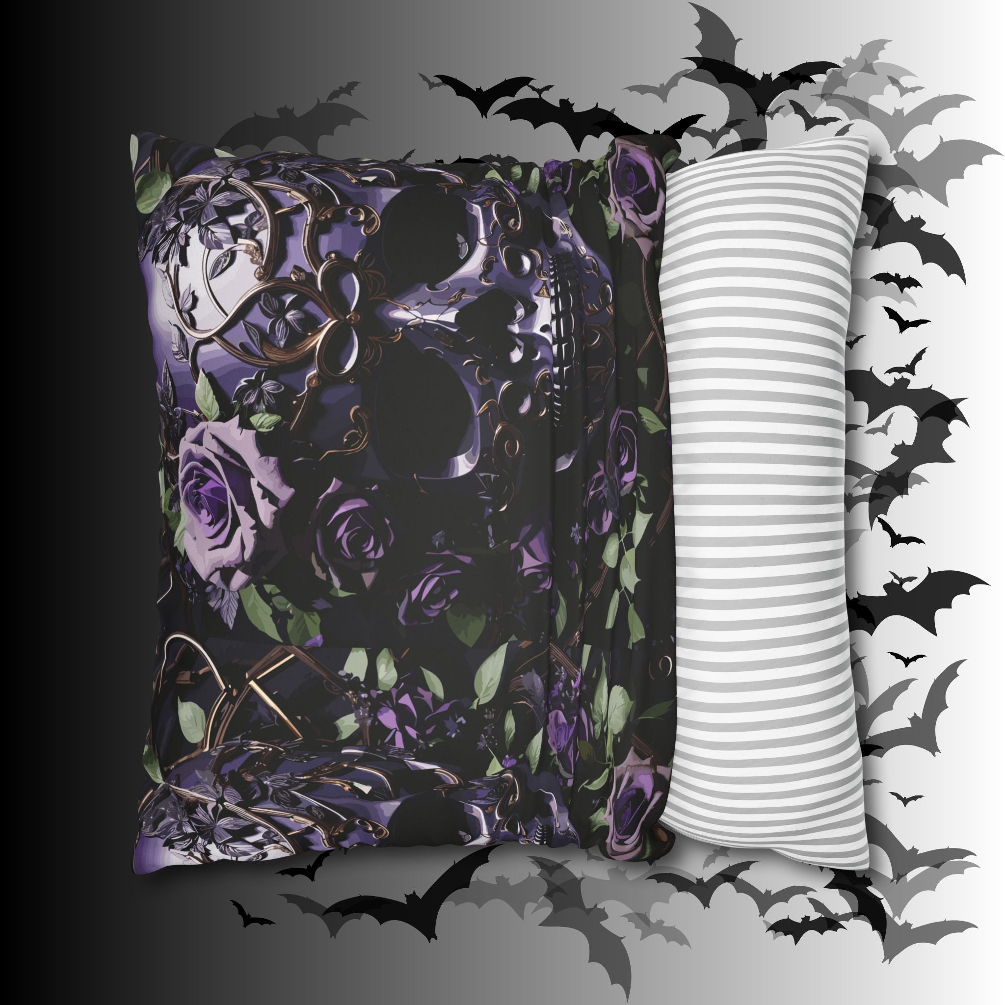 Gothic Black Purple Skull Throw Pillow — Dark Floral Botanical Home Decor