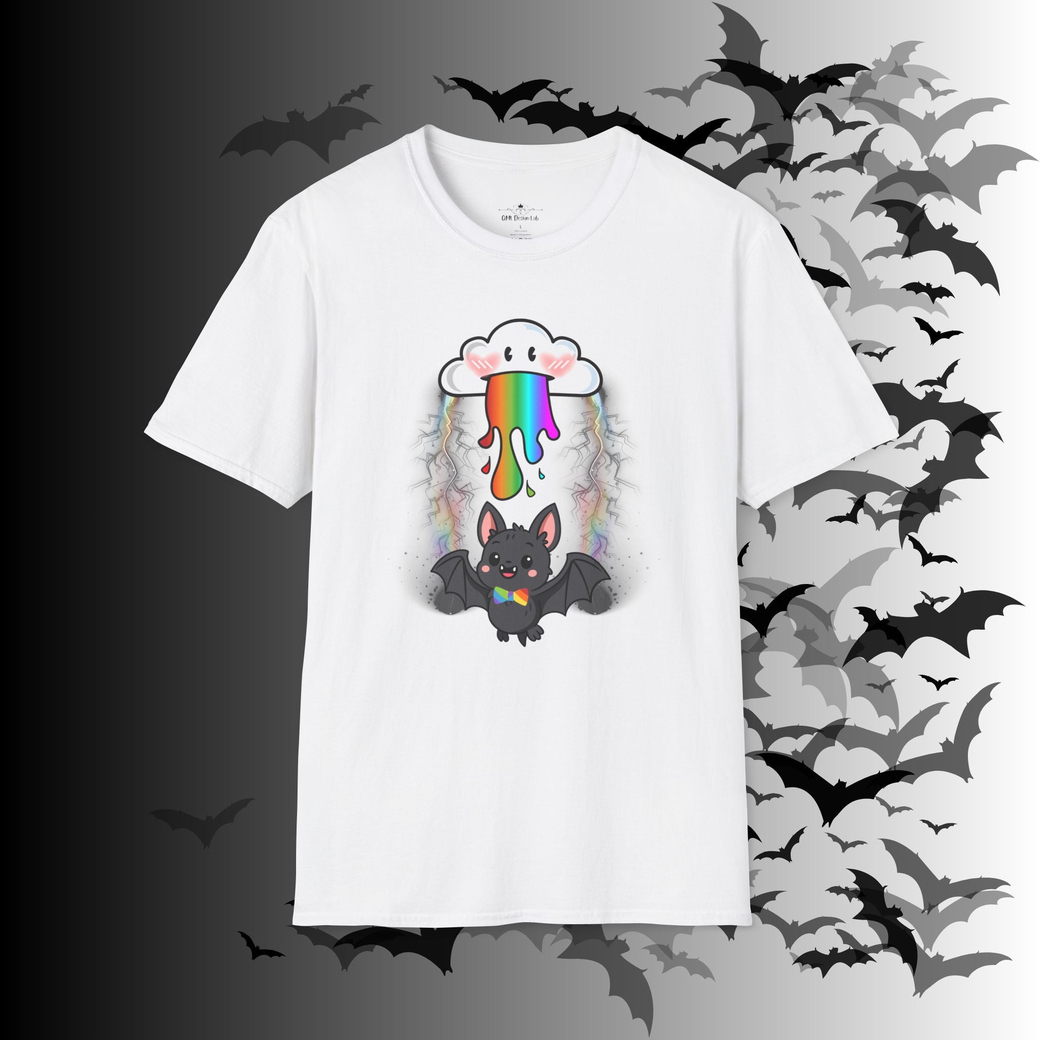 Rainbow Vomit Cloud Bat T-Shirt — Kawaii Goth Pride Unisex Tee