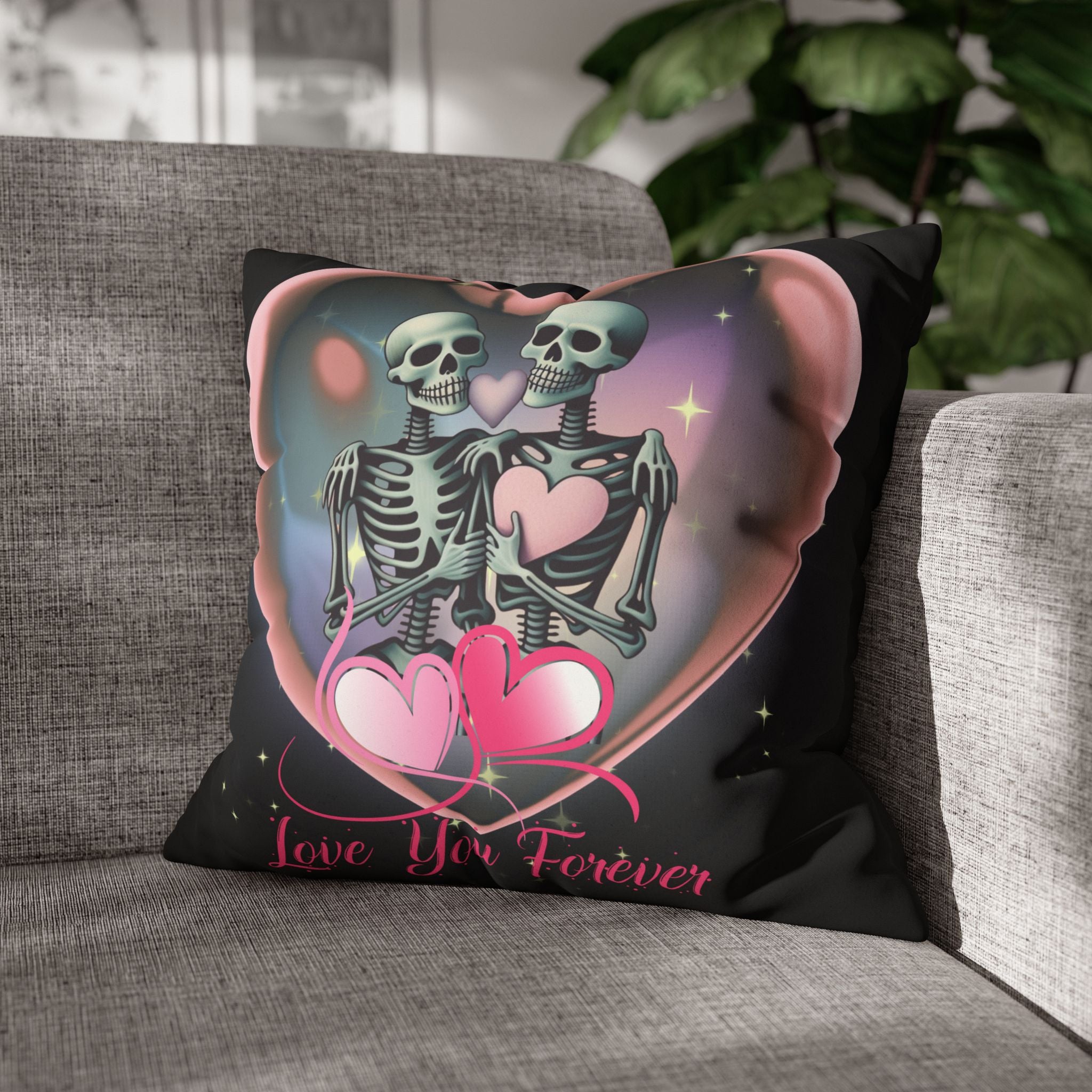 Love You Forever Skeleton Couple Throw Pillow — Gothic Love Dark Home Decor
