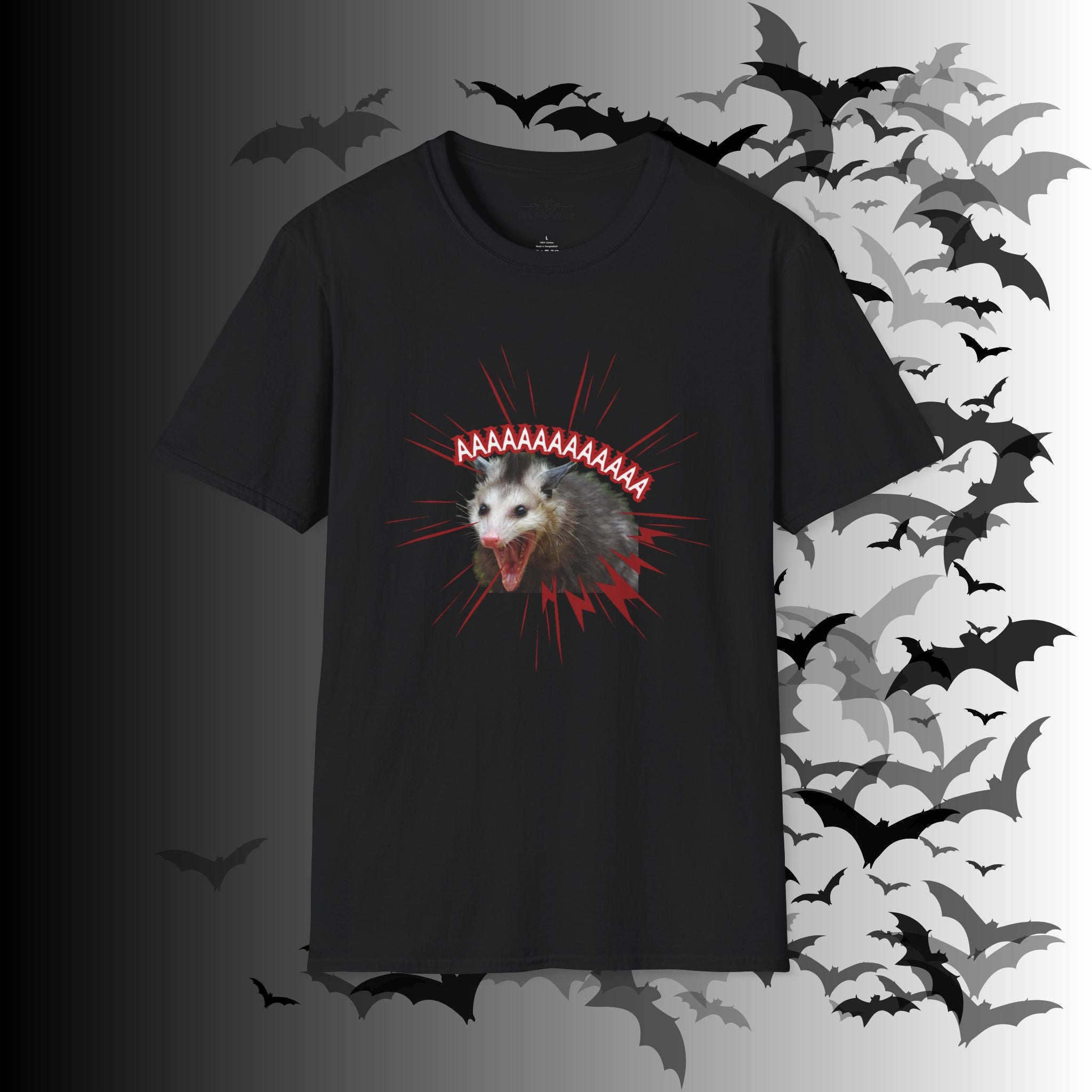 Black t-shirt with photo-realistic screaming possum surrounded by red burst lines and bold red "AAAAAAAAAAAA" lettering above with lightning bolts below