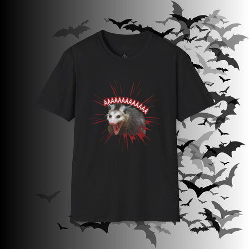 Black t-shirt with photo-realistic screaming possum surrounded by red burst lines and bold red "AAAAAAAAAAAA" lettering above with lightning bolts below