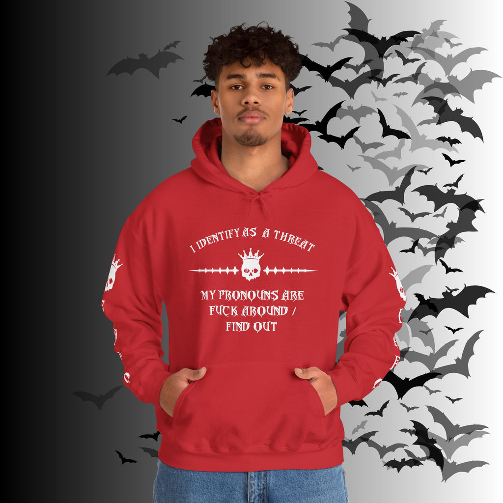 I Identify As a Threat Hoodie — Gothic Skull Sleeve Print FAFO Black