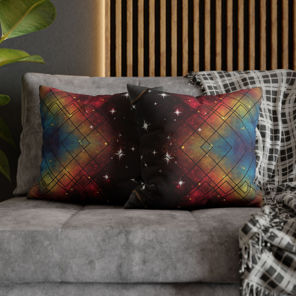 Rainbow Galaxy Geometric Throw Pillow — Celestial Cosmic Dark Home Decor
