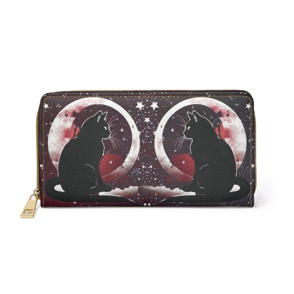 Gothic Twin Black Cat Moon Wallet | Dark Romance Faux Leather Zipper Clutch