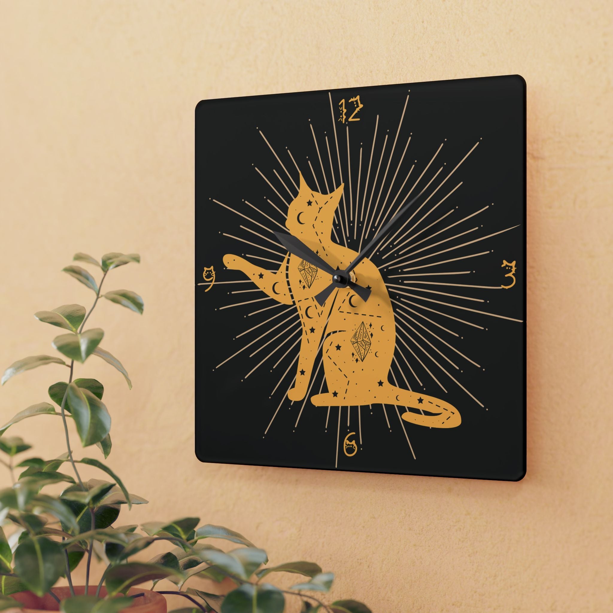 Celestial Cat Wall Clock — Gold Witchy Acrylic Art Print Home Decor