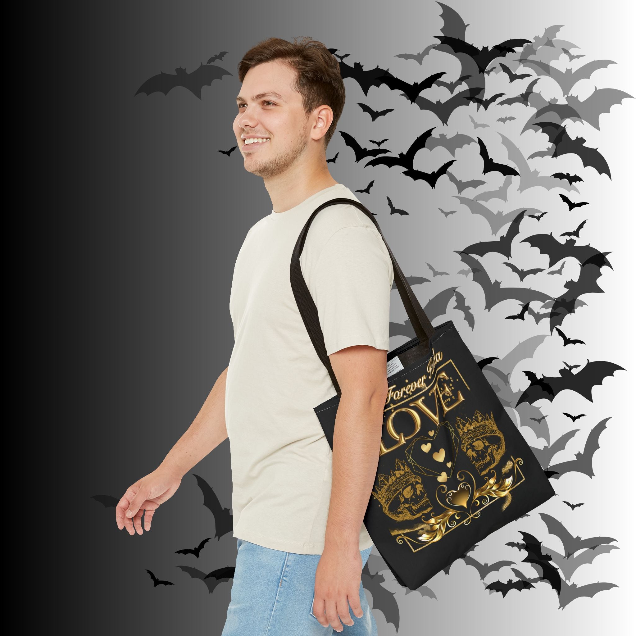 "That Forever Kinda Love" Gothic Skull Crown Tote Bag — Dark Romance Gold Print