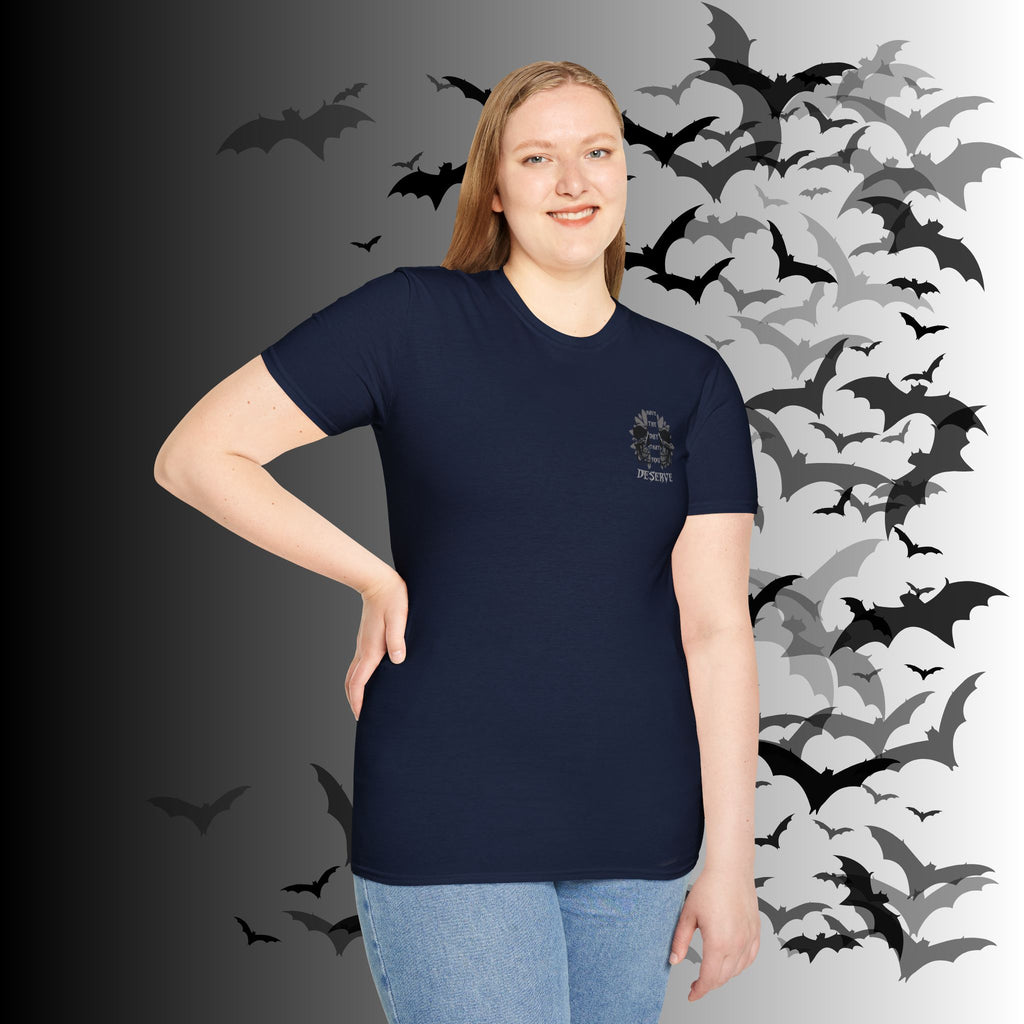 "Have The Day That You Deserve" Botanical Skull T-Shirt — Tonal Gothic Back Print