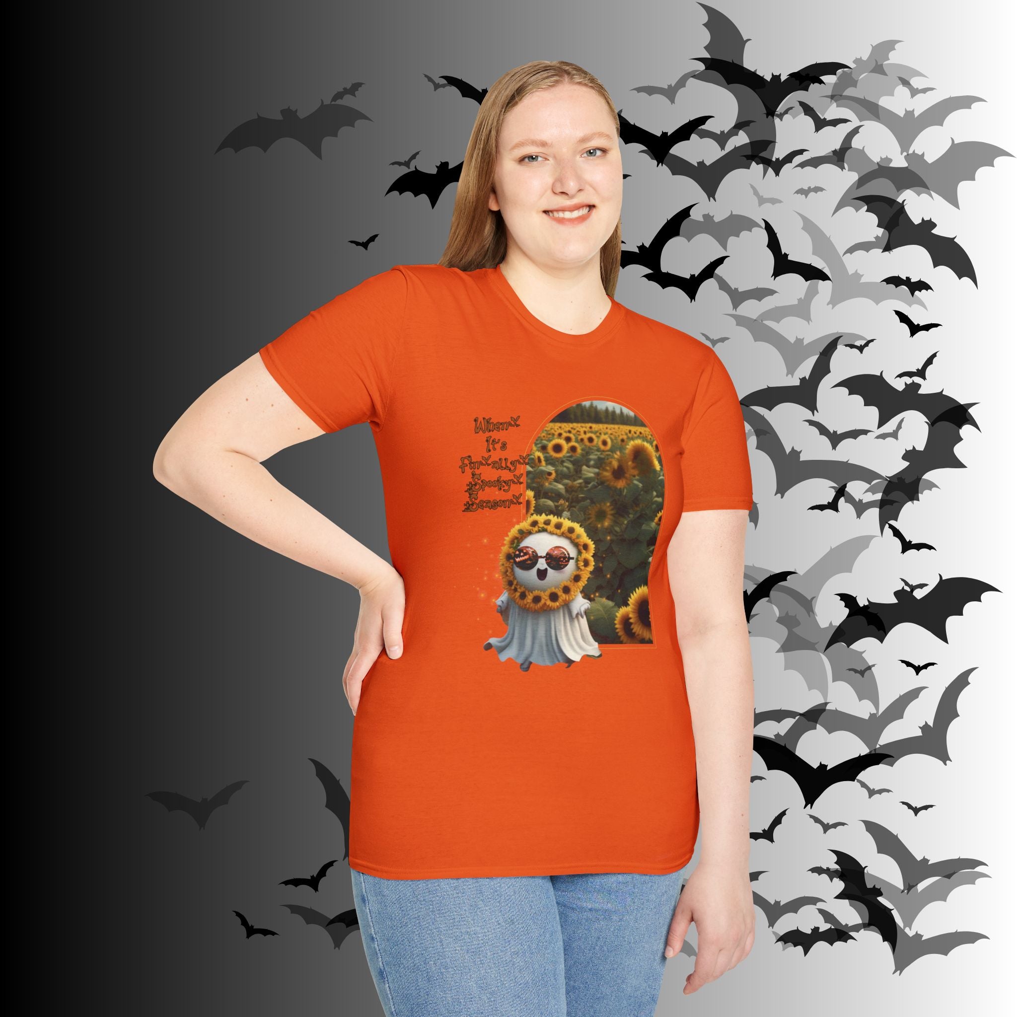 "When It's Finally Spooky Season" Ghost Sunflower T-Shirt — Halloween Tee