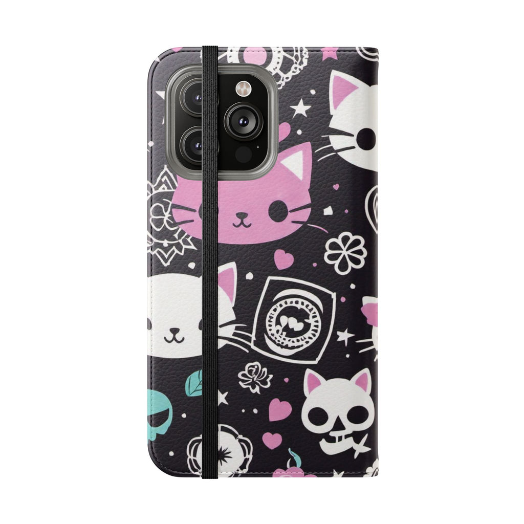 Pastel Goth Cat Flip Wallet Phone Case - Goth Cat Wallet Case for Samsung iPhone - Gothic Style Cats Wallet Phone Cases