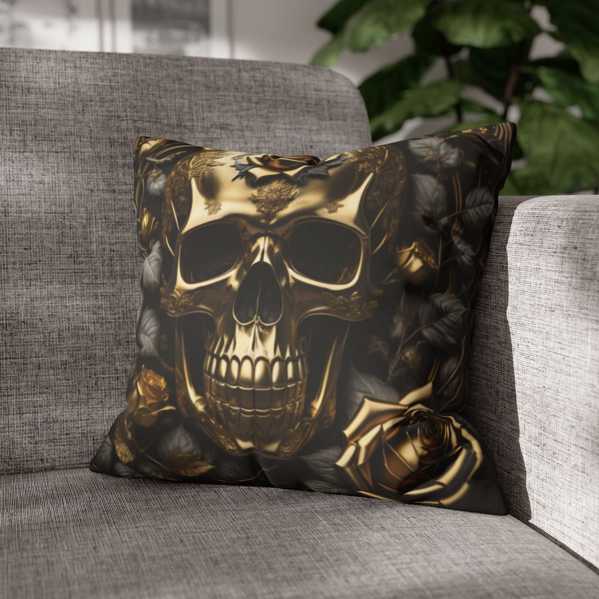 Gothic Gold Black Rose Skull Throw Pillow — Dark Floral Botanical Home Decor