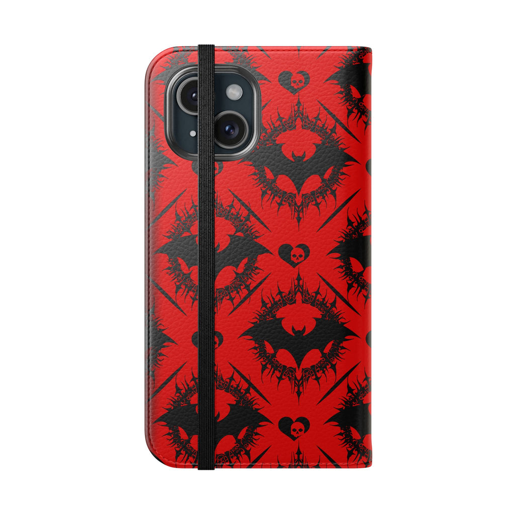 Gothic Bat Wallet Flip Case - Elegant Goth Phone Wallet - Bat Pattern Flip Case - Gothic Phone Case - Stylish Wallet Phone Case