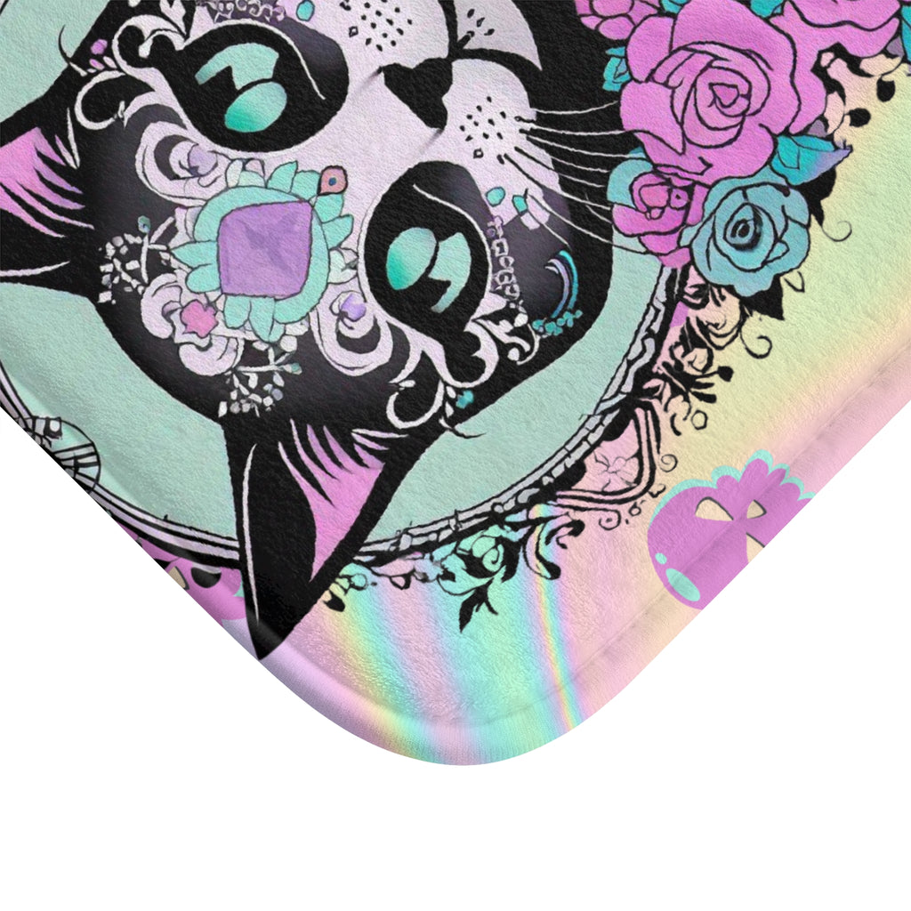 Pastel Goth Sugar Skull Cat Bath Mat — Whimsical Bathroom Decor