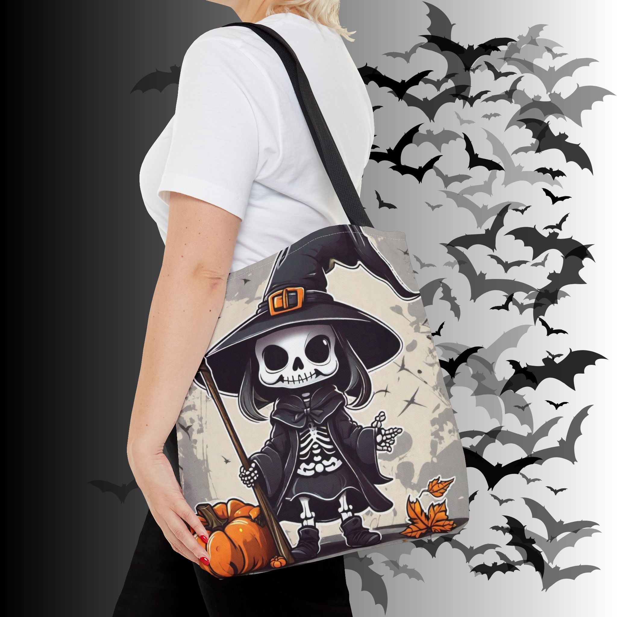 Skeleton Witch Halloween Tote Bag — Spooky Chibi Witch Print