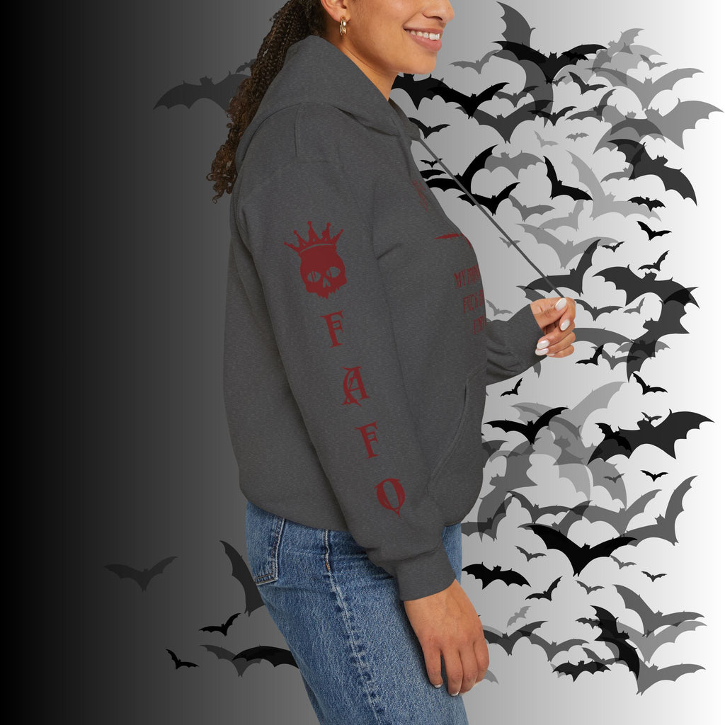 I Identify As a Threat Hoodie — Gothic Skull Sleeve Print Fuck Around Find Out