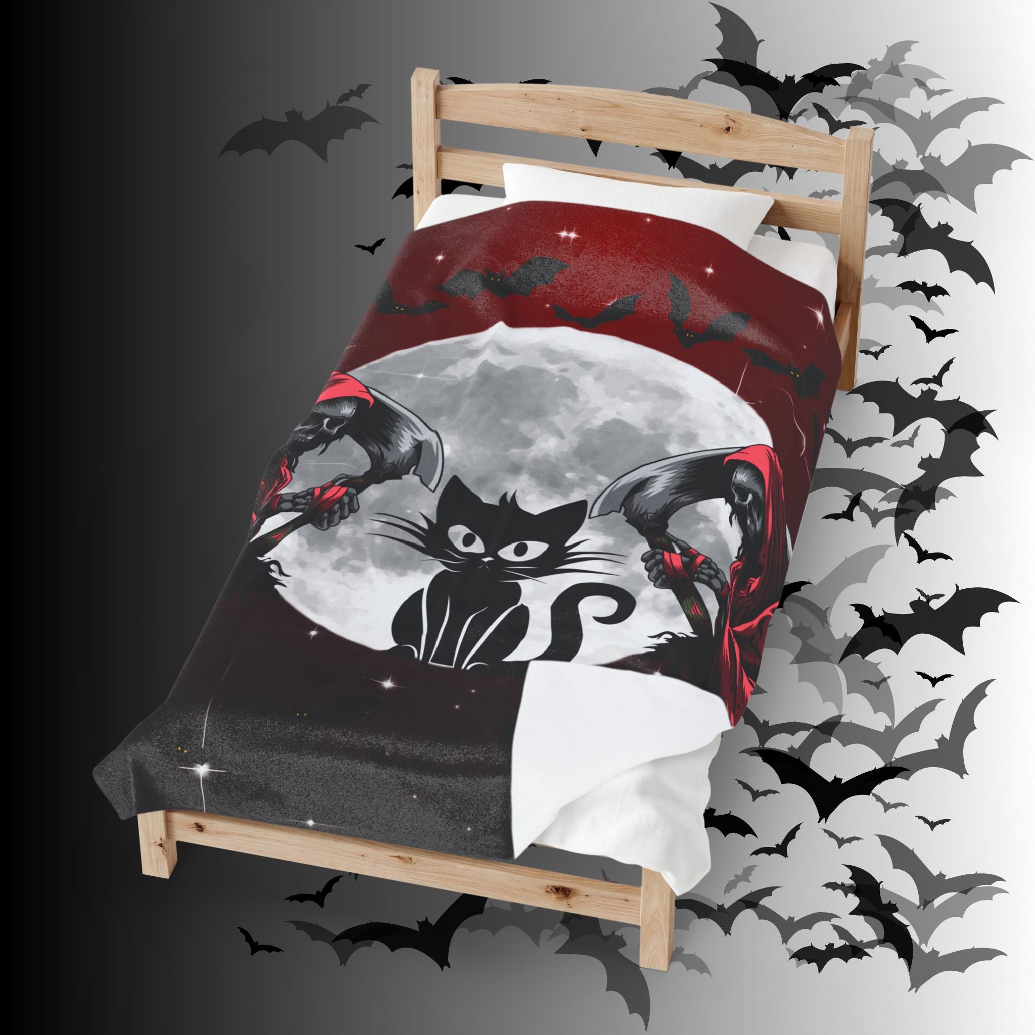 Gothic Black Cat Grim Reaper Throw Blanket — Moonlit Dark Home Decor