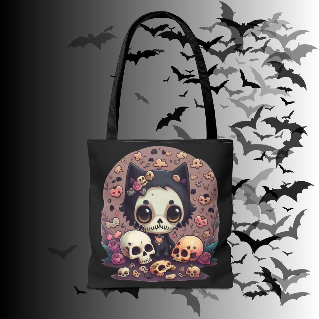 Kawaii Skull Cat Tote Bag — Gothic Cute Skull Illustration