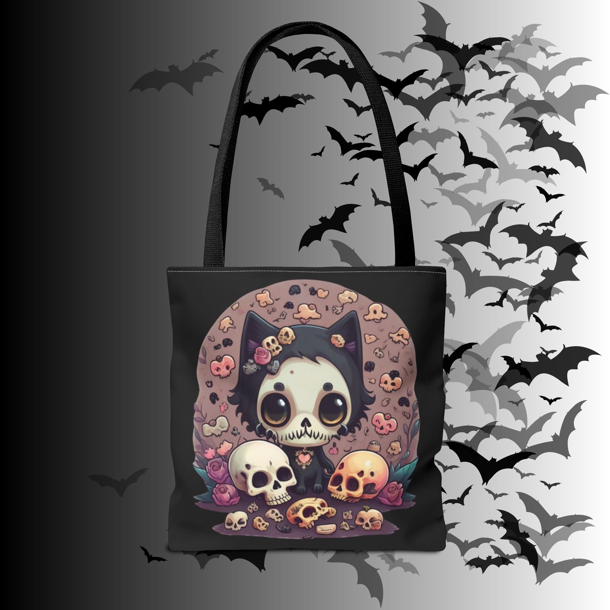 Kawaii Skull Cat Tote Bag — Gothic Cute Skull Illustration