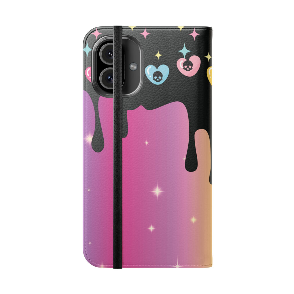 Pastel Goth Drippy Rainbow Skulls Flip Wallet Phone Case - Wallet Case for Samsung and iPhone - Gothic Style Wallet Phone Cases