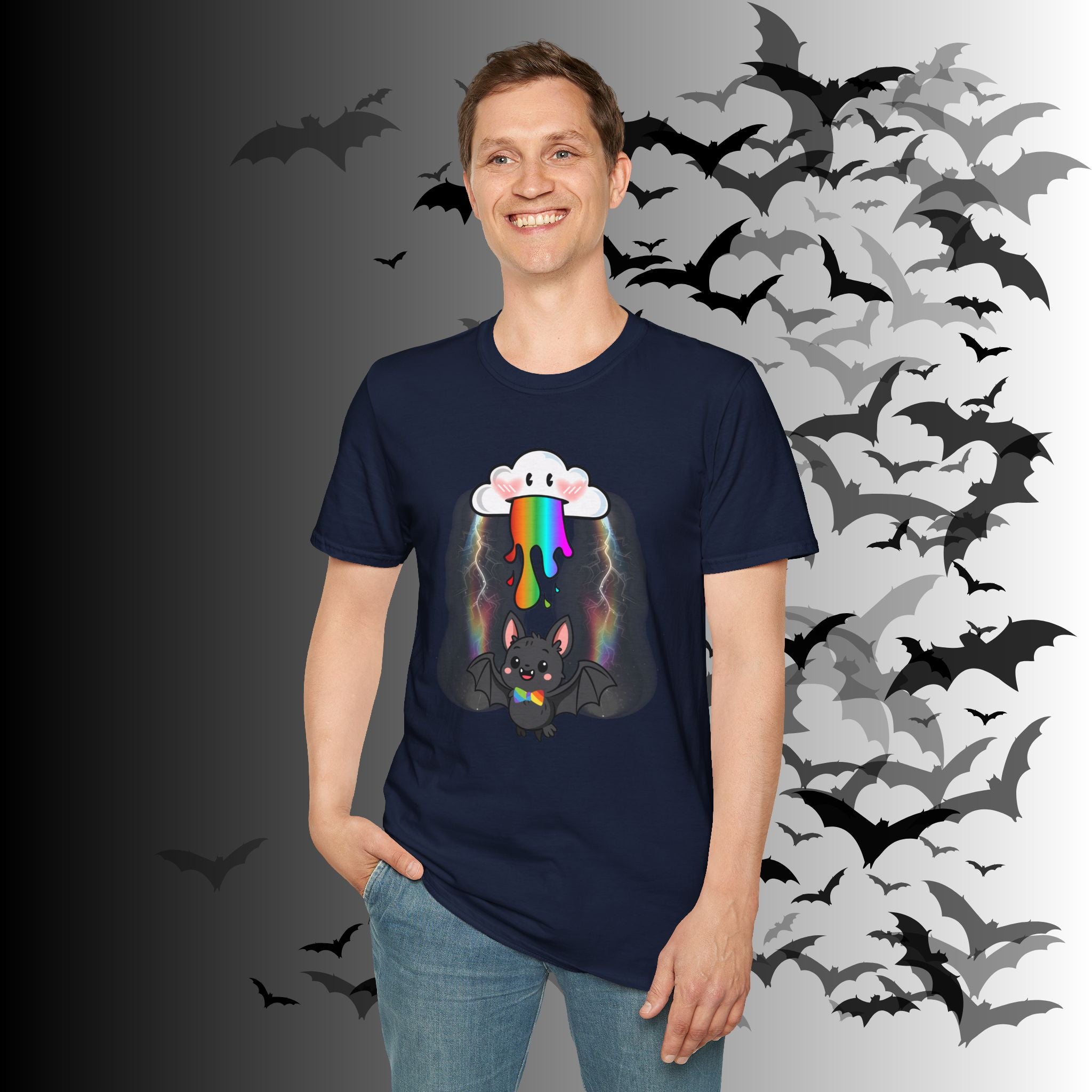 Rainbow Vomit Cloud Bat T-Shirt — Kawaii Goth Pride Unisex Tee