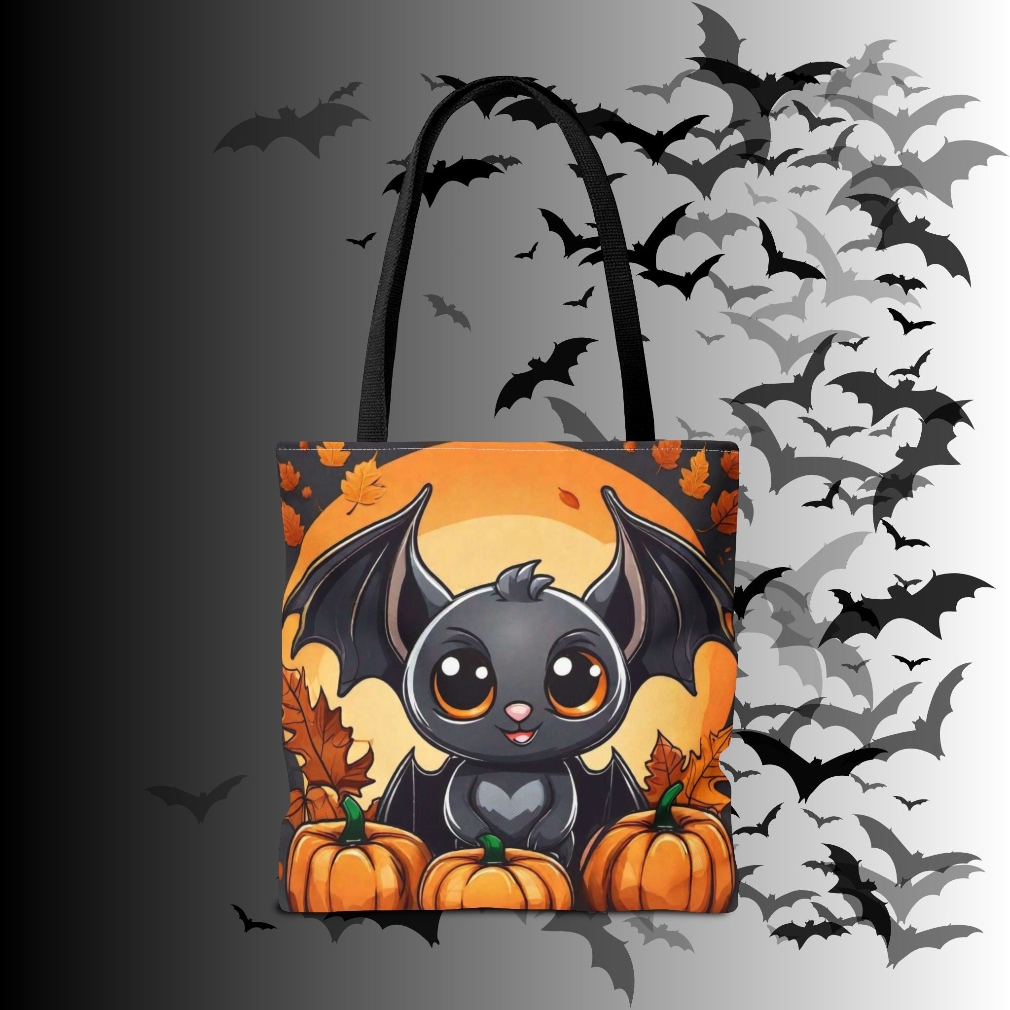 Kawaii Bat & Pumpkin Halloween Tote Bag — Autumn Full Moon Print