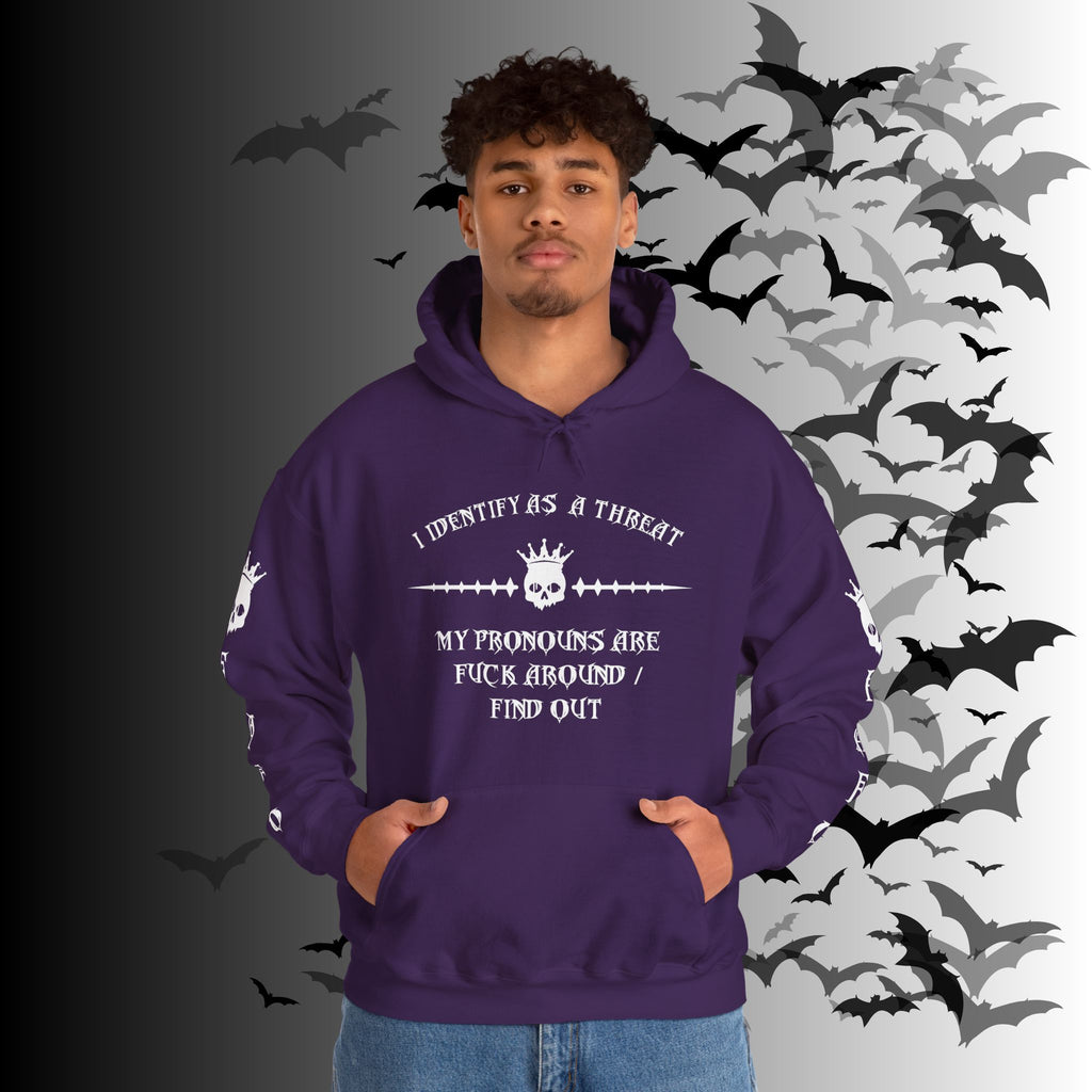 I Identify As a Threat Hoodie — Gothic Skull Sleeve Print FAFO Black