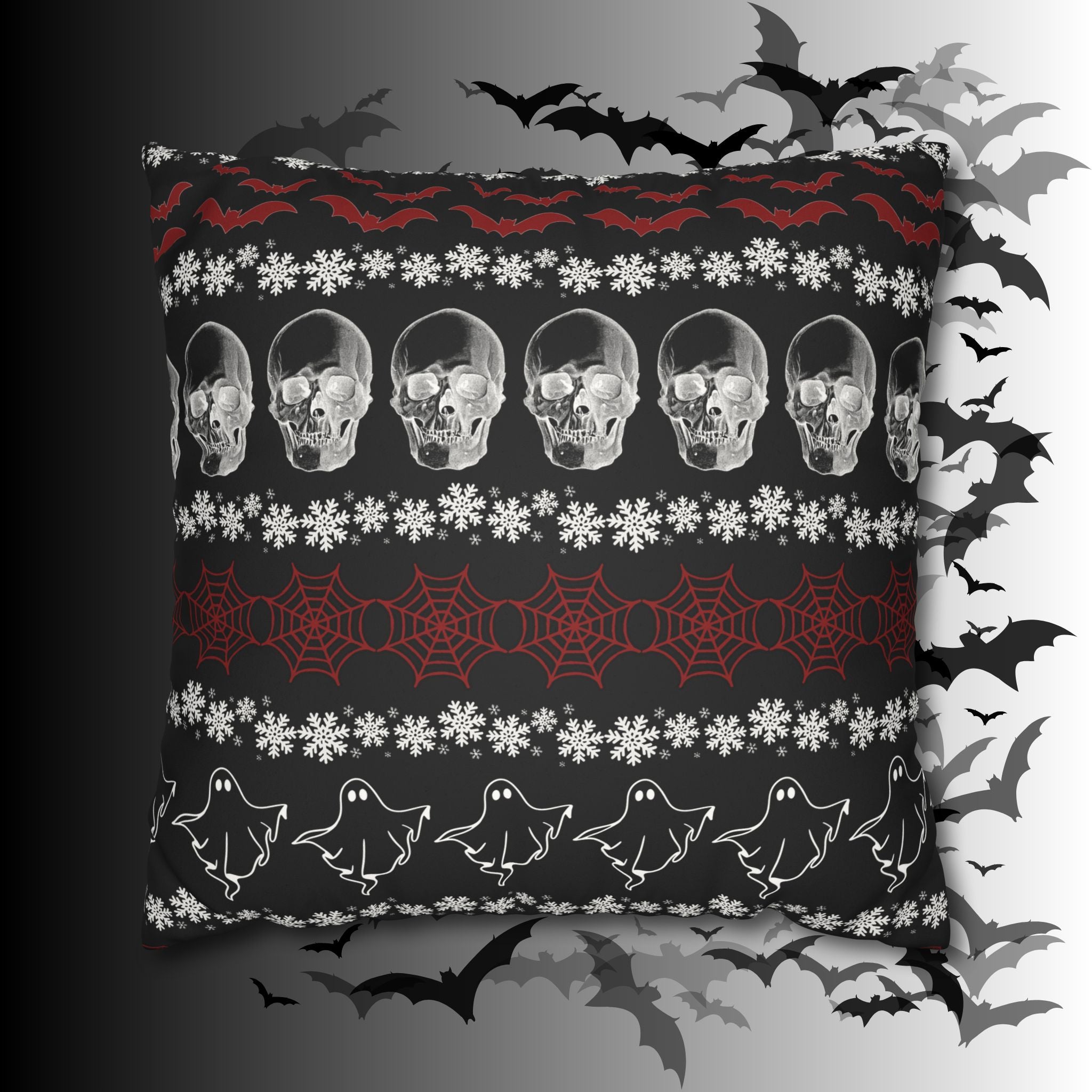 Merry Creepmas Gothic Ugly Sweater Throw Pillow — Goth Holiday Dark Home Decor