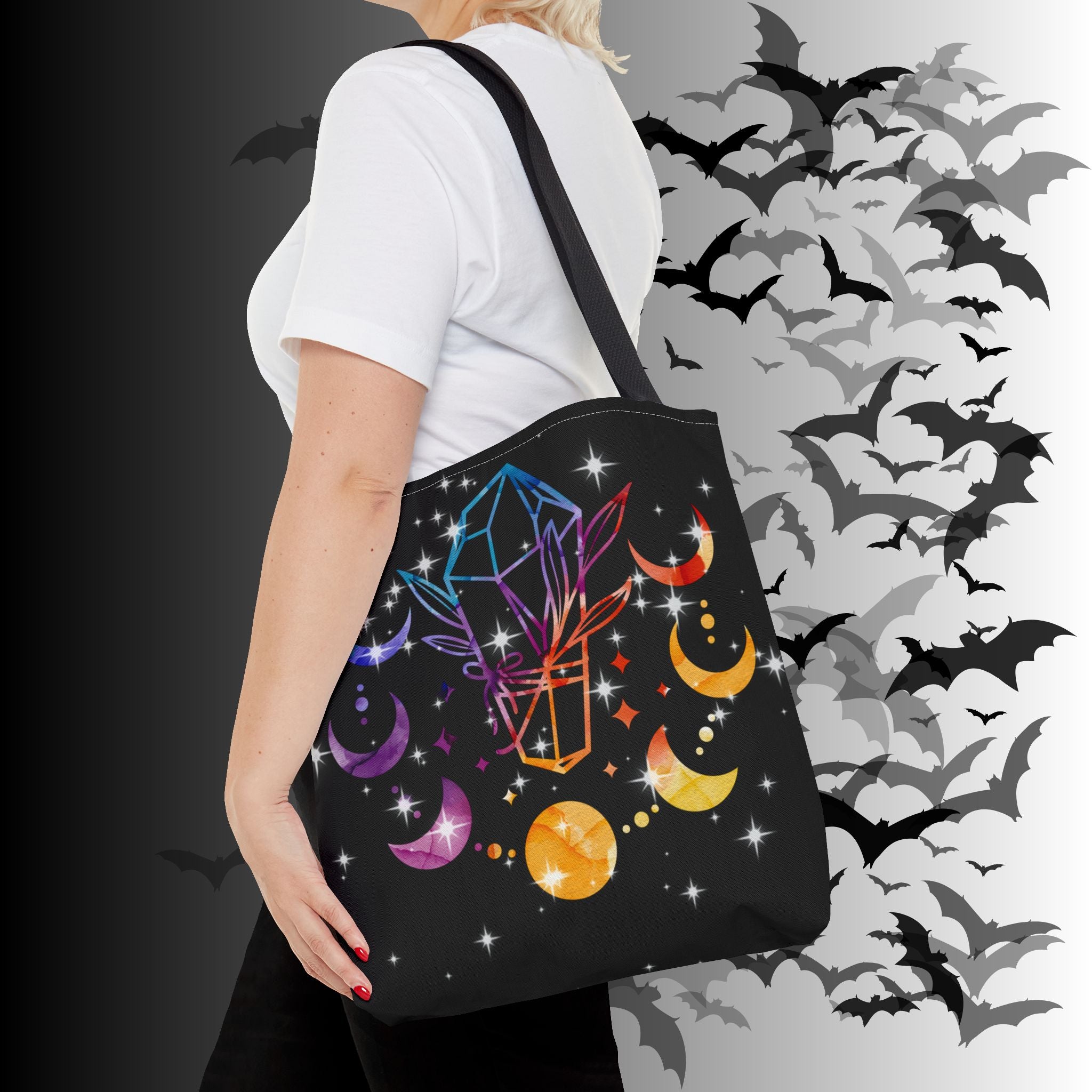 Rainbow Crystal Moon Phase Tote Bag — Celestial Witchy Print