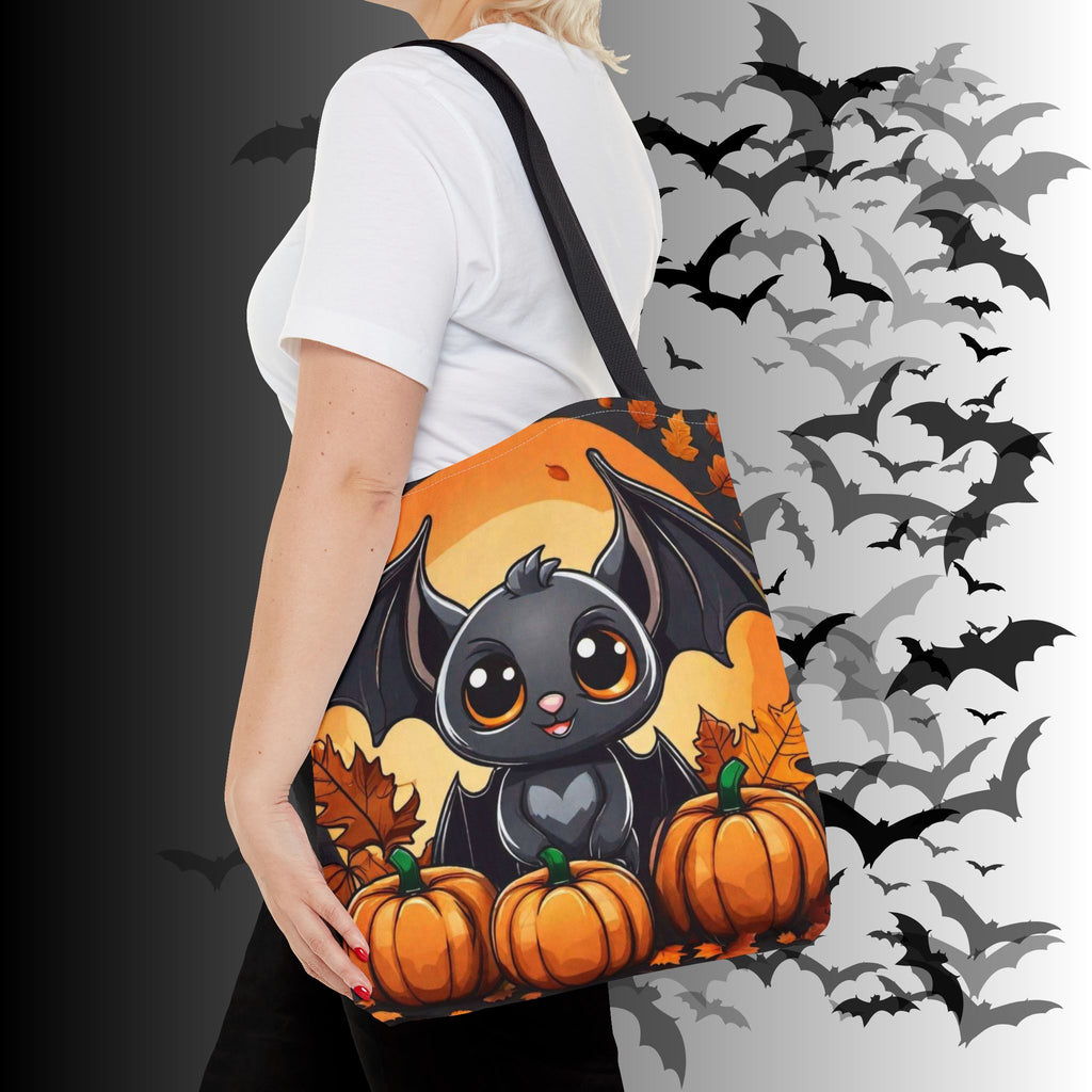 Kawaii Bat & Pumpkin Halloween Tote Bag — Autumn Full Moon Print