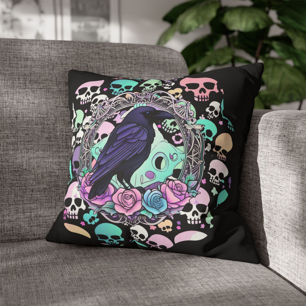 Pastel Goth Raven Skull Throw Pillow — Dark Floral Gothic Home Decor